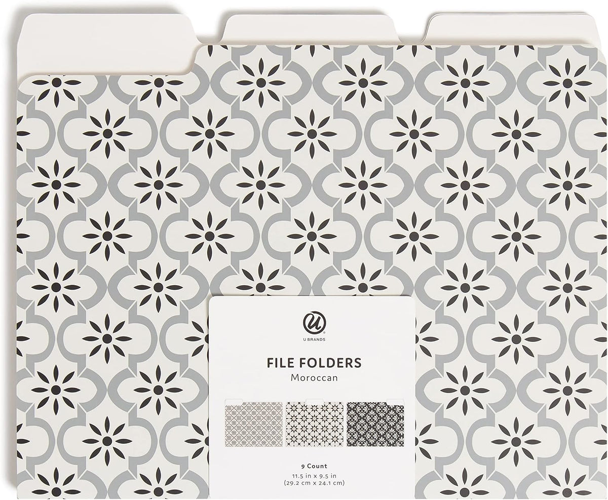 U Brands Fashion File Folders, 9 Count, 1/3-Cut Tabs in Assorted Positions, Letter Size, Office Supplies (Moroccan)