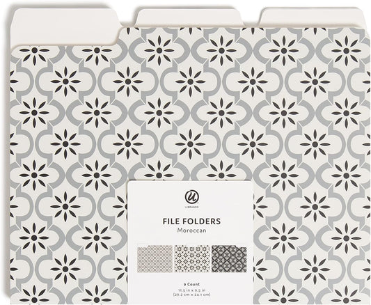 U Brands Fashion File Folders, 9 Count, 1/3-Cut Tabs in Assorted Positions, Letter Size, Office Supplies (Moroccan)