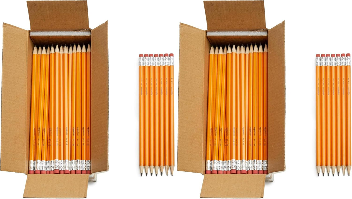 Amazon Basics Wood-Cased #2 Pencils for Writing, Drawing and Sketching, Pre-sharpened, HB Soft Lead with Erasers, Teacher Supplies, 150 Count, Yellow