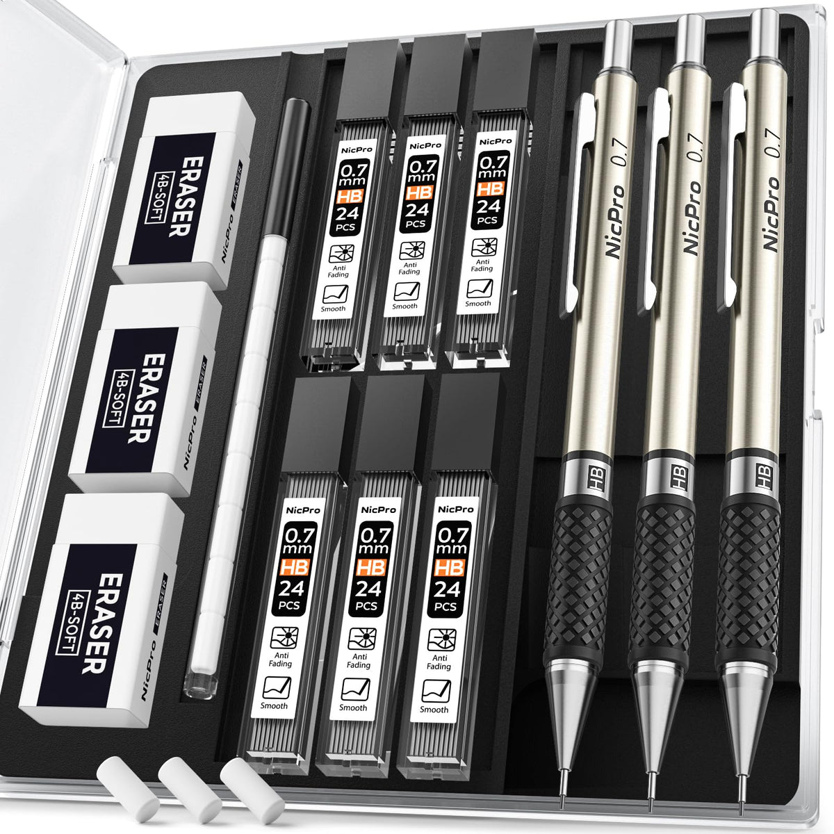 Nicpro 0.7 mm Art Mechanical Pencil Set in Storage Case, 3 PCS