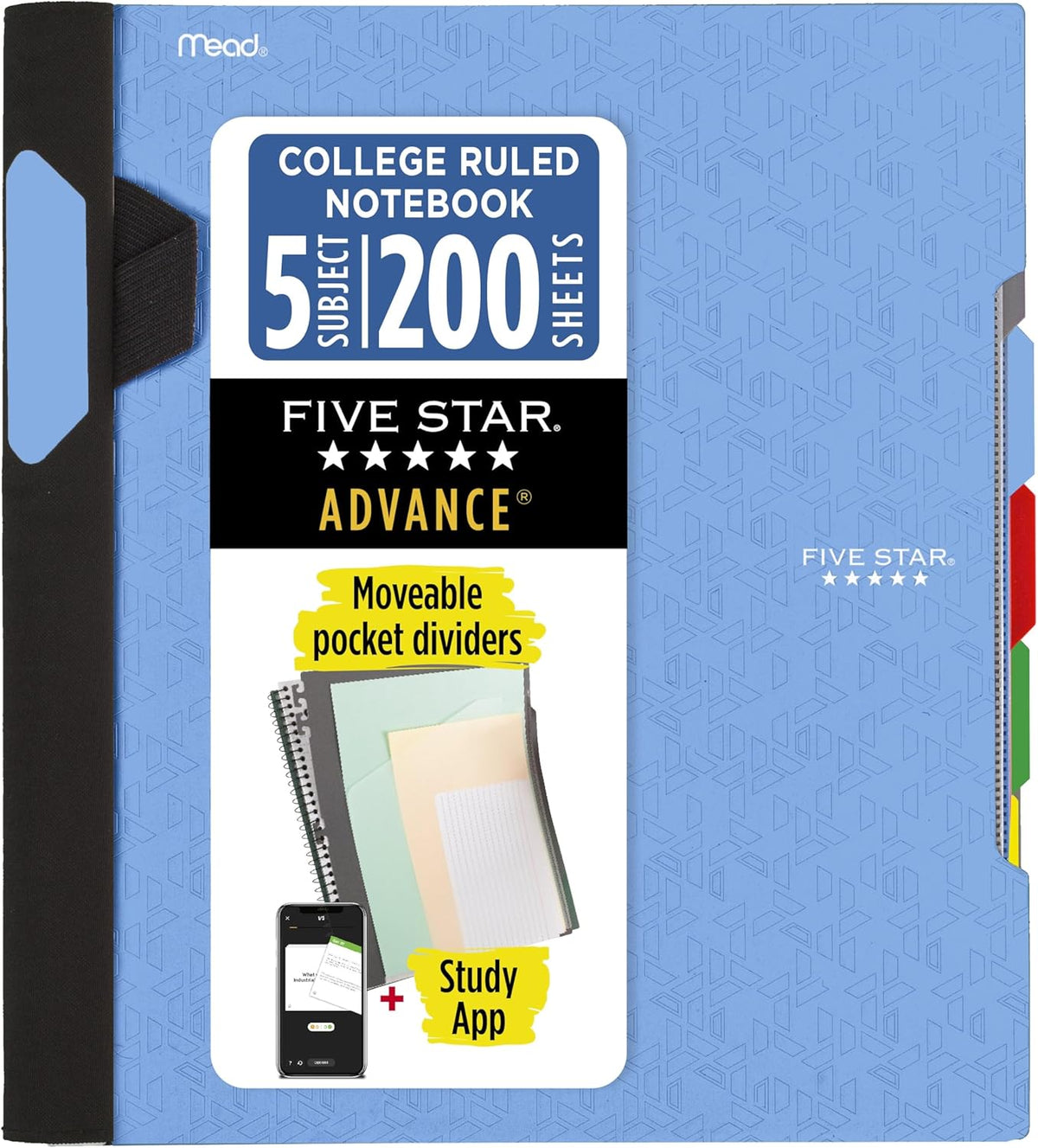 Five Star Advance Spiral Notebook + Study App, 5 Subject, College Ruled Paper, 8-1/2" x 11", 200 Sheets, Spiral Guard, Movable Tabbed Dividers, Pacific Blue (73150)