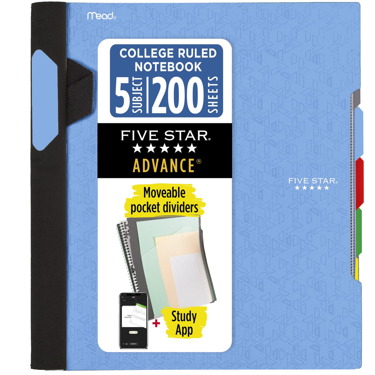 Five Star Advance Spiral Notebook + Study App, 5 Subject, College Ruled Paper, 8-1/2" x 11", 200 Sheets, Spiral Guard, Movable Tabbed Dividers, Pacific Blue (73150)