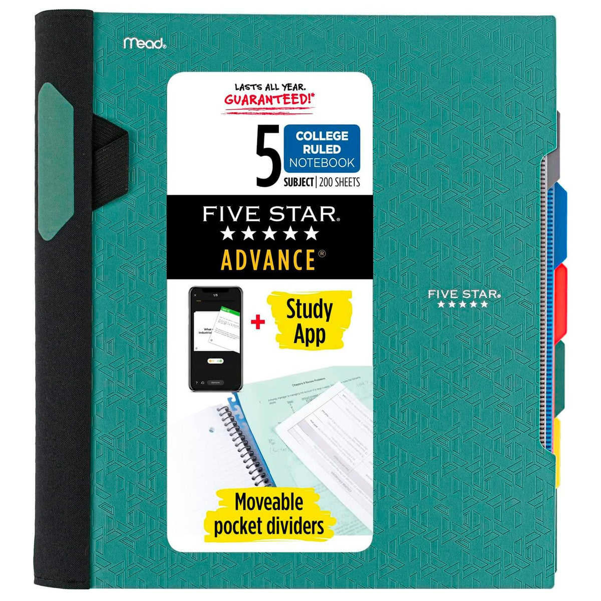 Five Star Advance Spiral Notebook + Study App, 5 Subject, College Ruled Paper, 8-1/2" x 11", 200 Sheets, Spiral Guard, Movable Tabbed Dividers, Pacific Blue (73150)