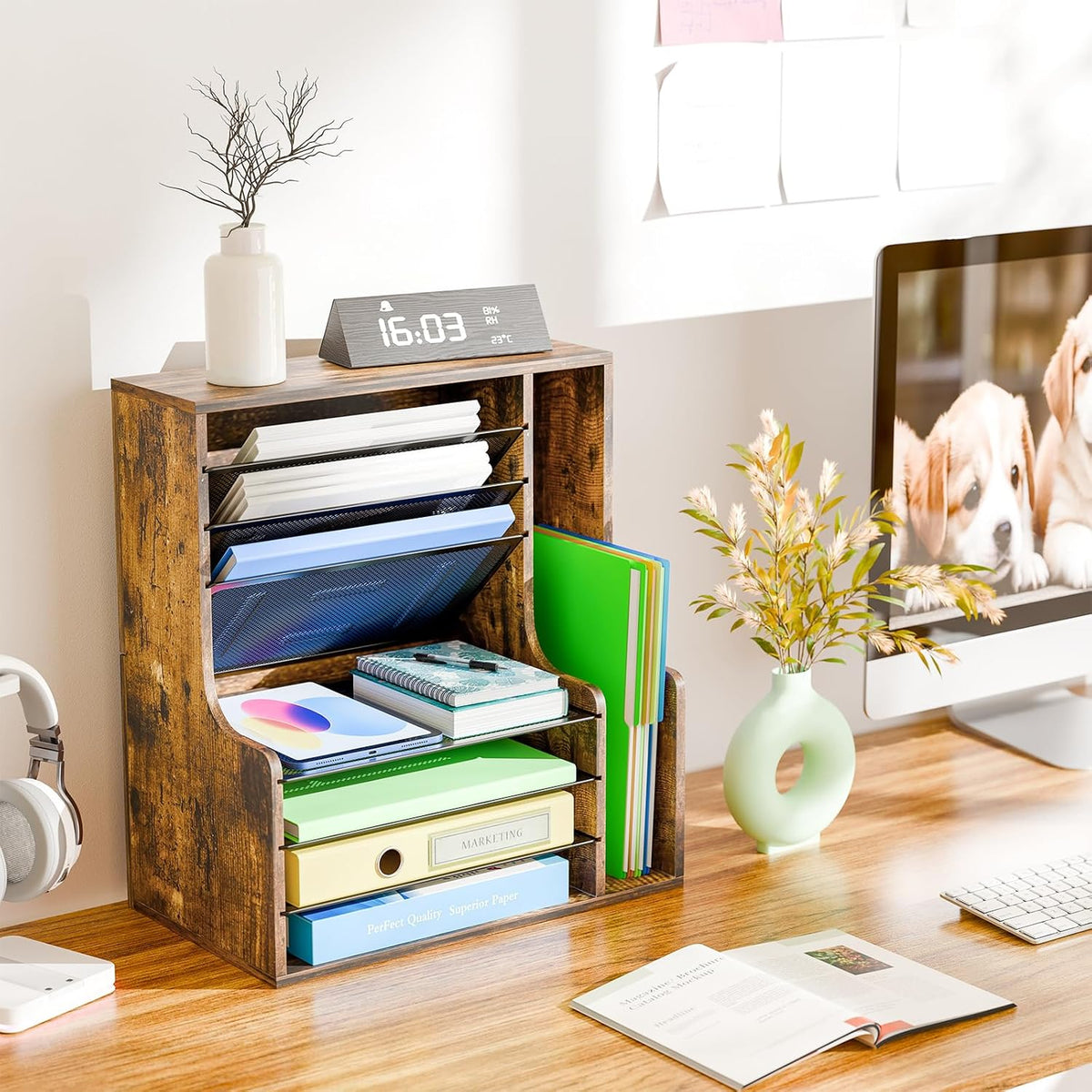 Simple Trending 7- Tier Desk File Organizer, Paper Organizer, Rustic Brown