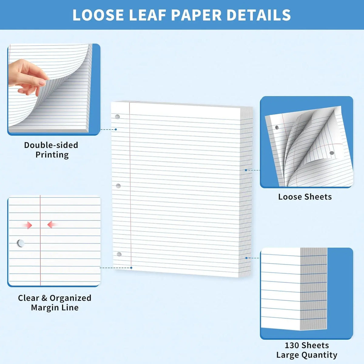 High-Quality Loose Leaf Paper - 130 Blank Sheets, 8x10.5 Inches, White 3-Hole Punched, Smooth Write, Binder Album Paper, College Ruled Office Stationery