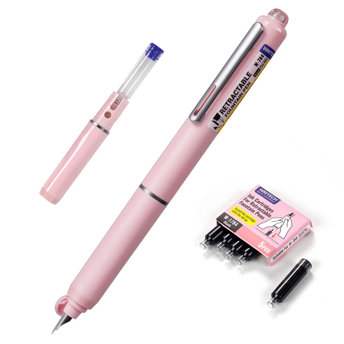 WRITECH Fountain Pen Black Ink with Retractable Fine Nib - Set of 5 Ink Cartridges for Smooth Calligraphy, Journaling and Sketching - Pink Gift