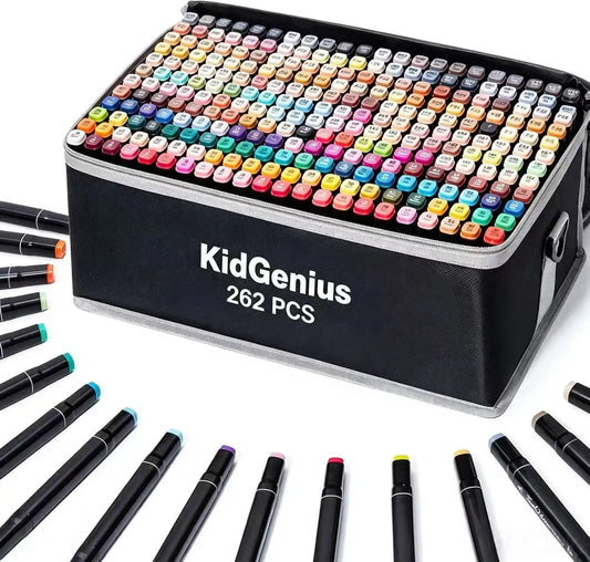 KIDGENIUS 262/168/120 Kid-Safe Non-Toxic Alcohol Art Markers Set - Dual-Tip, Quick-Dry, No-Bleed, Smooth-Stroke Art Supplies in Sealed Bags - Works on Wood, Rock, Canvas, Glass - Kids' School Stationery, Thanksgiving/Birthday Gift for Cartoons Creation