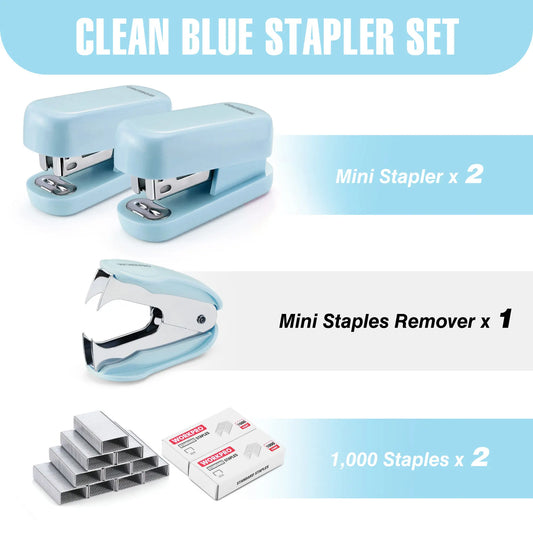 WORKPRO Cute Plastic Body Desk Stapling Set - Lock Design, 2 Mini Staplers, 1 Remover, 2000 Standard Pack Staples, Non-Slip Base, Colorful Office Stationery