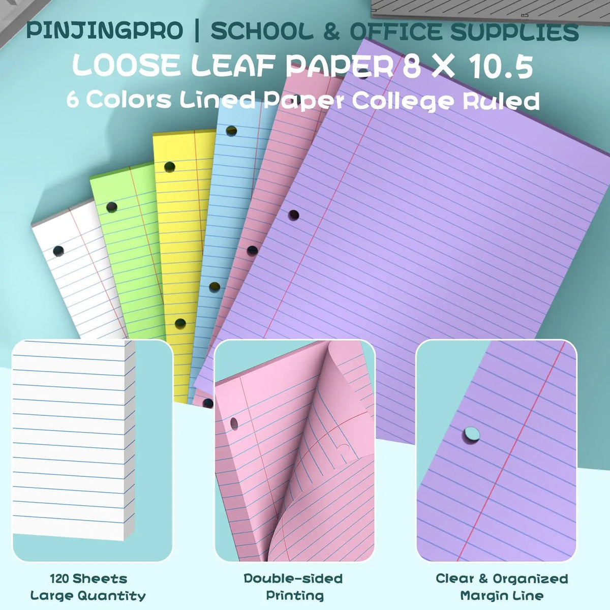 Loose Leaf Paper 8x10.5 Colored Filler Paper 120 Sheets College Ruled Paper