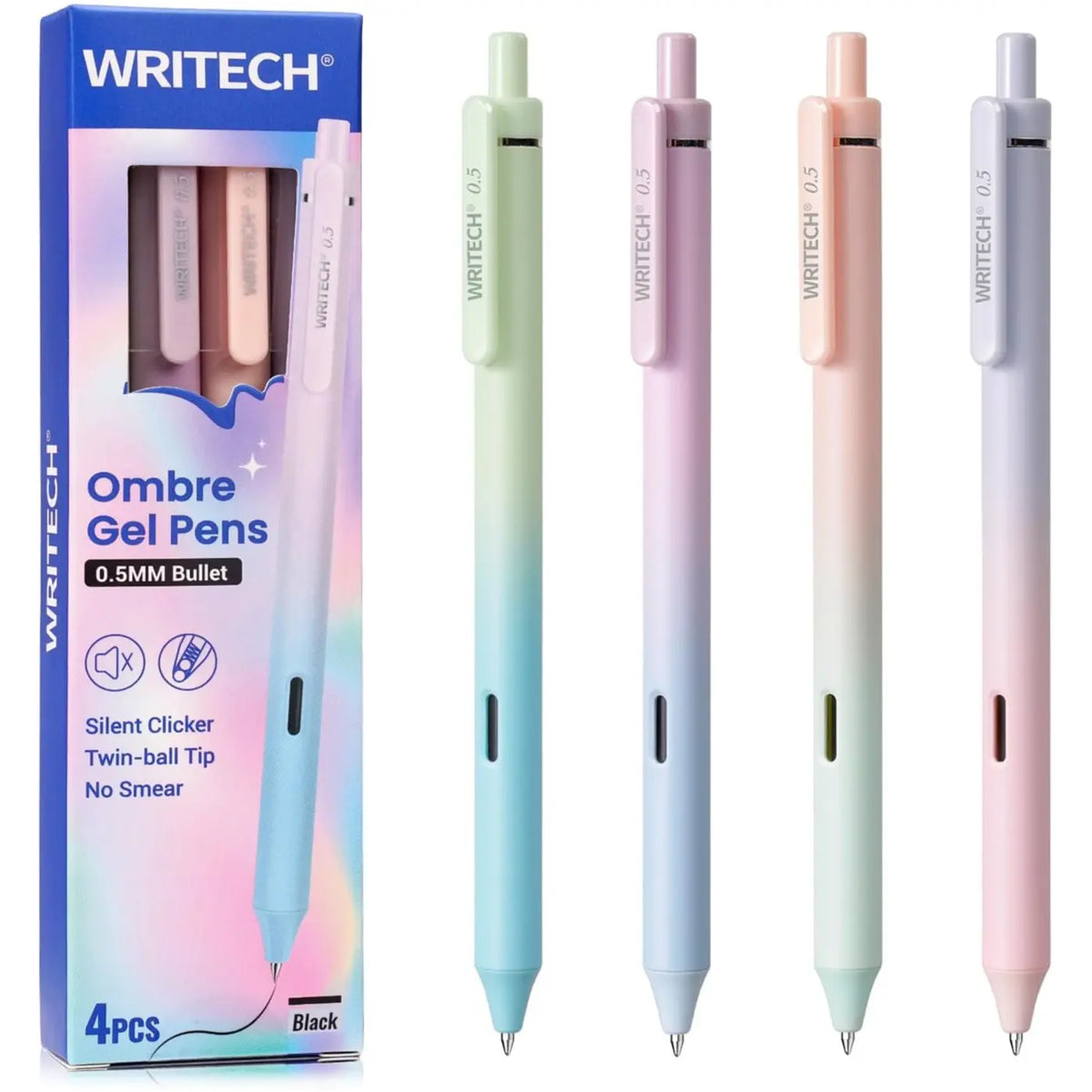 WRITECH Gel Pens Fine Point 0.7mm Black Ink Retractable 6ct with Gradient Color Barrel, Soft Vertical Stripe Silicone Grip & Detachable Design for Note Taking Silent Click No Smear Nebula Pen Set