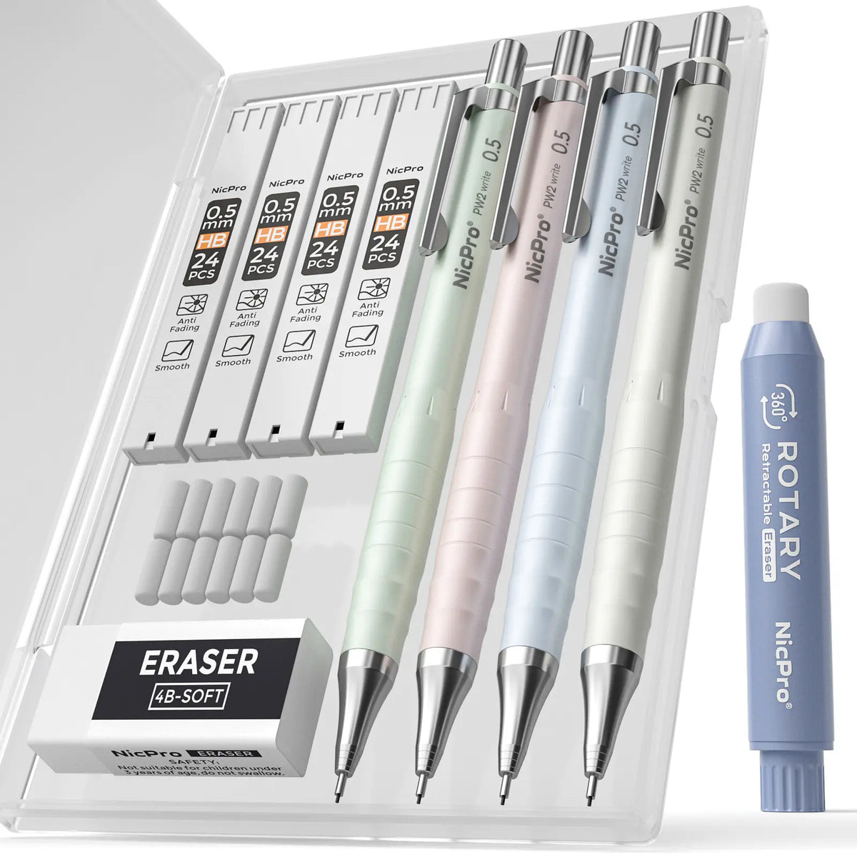 Nicpro Cute Mechanical Pencil Set, 4PCS 0.5 & 0.7 mm Pastel Drafting Pencils with 4 Tube HB Lead Refills, 4B Erasers, Rotary Retractable Eraser, Eraser Refill for Writing Sketching School Supplies,back to school,back to school haul