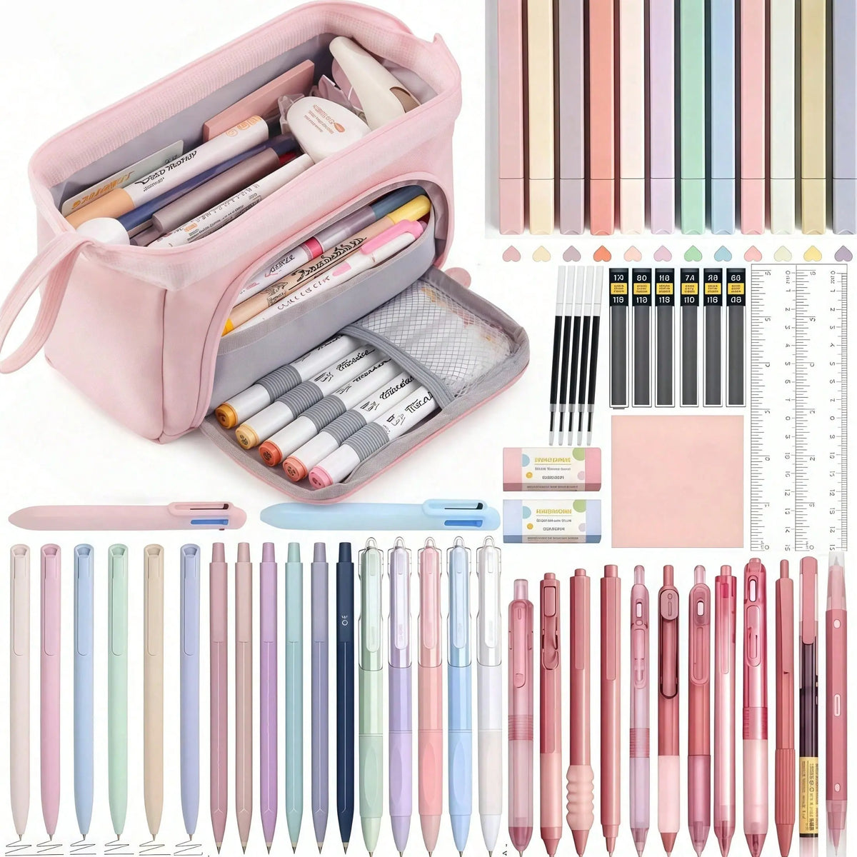61 PCS Aesthetic School Study Supplies with Large Pencil Case, Black Ink Gel Pens for Writing, 0.5 mm Smooth Fine Point Mechanical Pencils Set, 12 Highlighters, Sticky Notes, Stationery Bag for Teens, Adults and Students