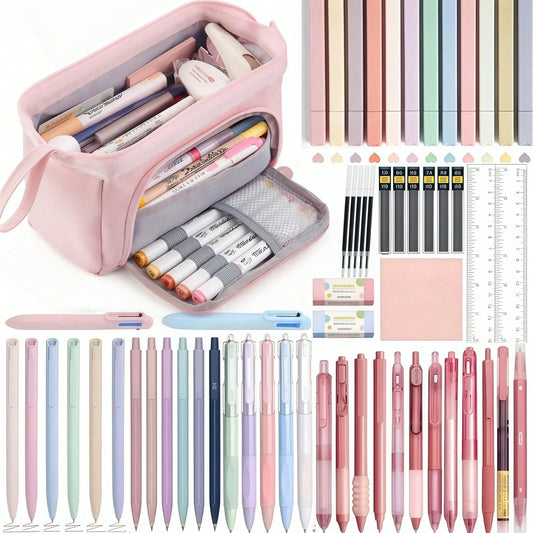 61 PCS Aesthetic School Study Supplies with Large Pencil Case, Black Ink Gel Pens for Writing, 0.5 mm Smooth Fine Point Mechanical Pencils Set, 12 Highlighters, Sticky Notes, Stationery Bag for Teens, Adults and Students