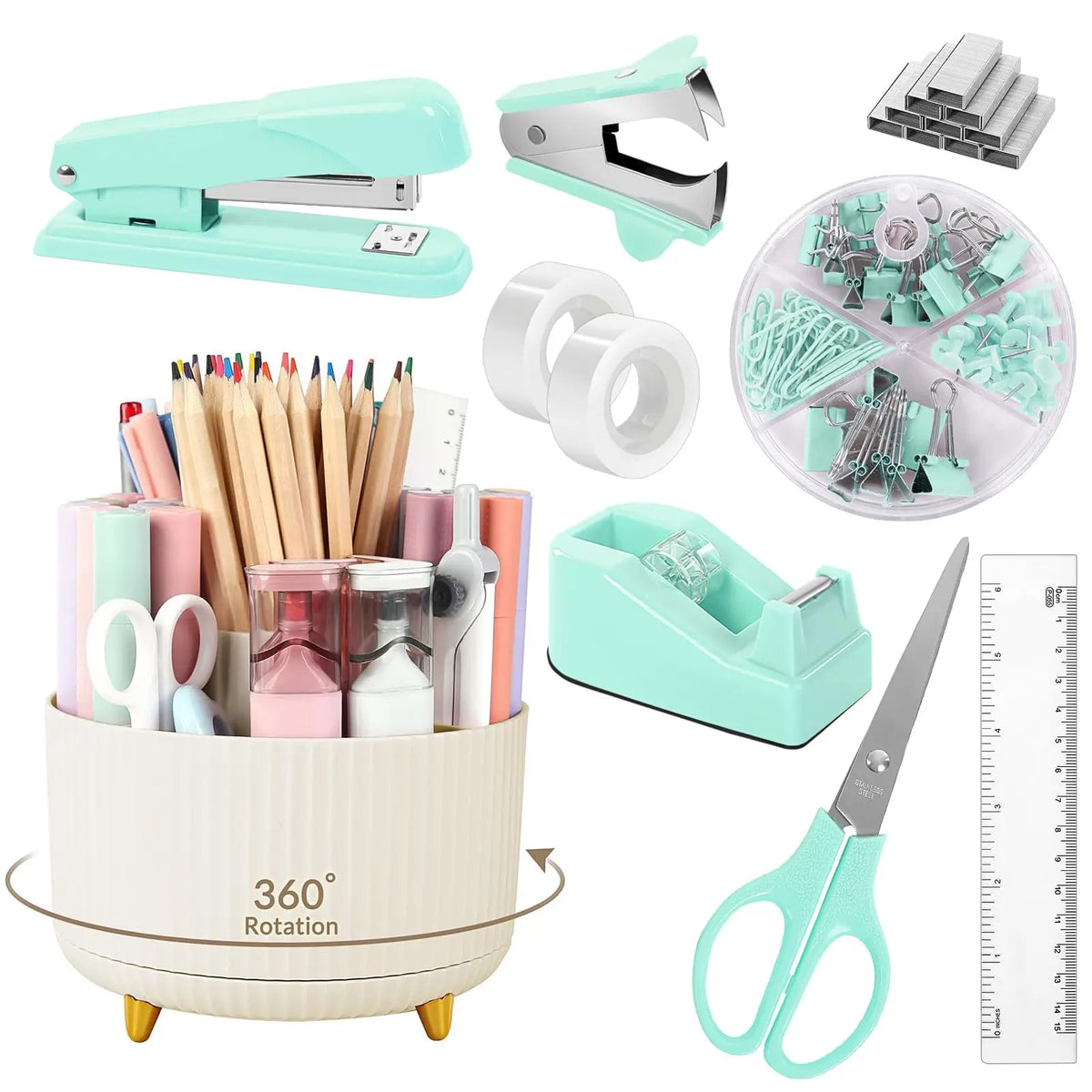 SKYDUE 10PCS Cute Office Accessories Desk Supplies Set - 1x360-Degree Rotating Pen Holder, Stapler, Tape Dispenser, Scissors, Ruler, Binder Clips, 1000pcs Staples, Anti-Tipping Organizer for Stationery Supplies, Desk Organization, Birthdays
