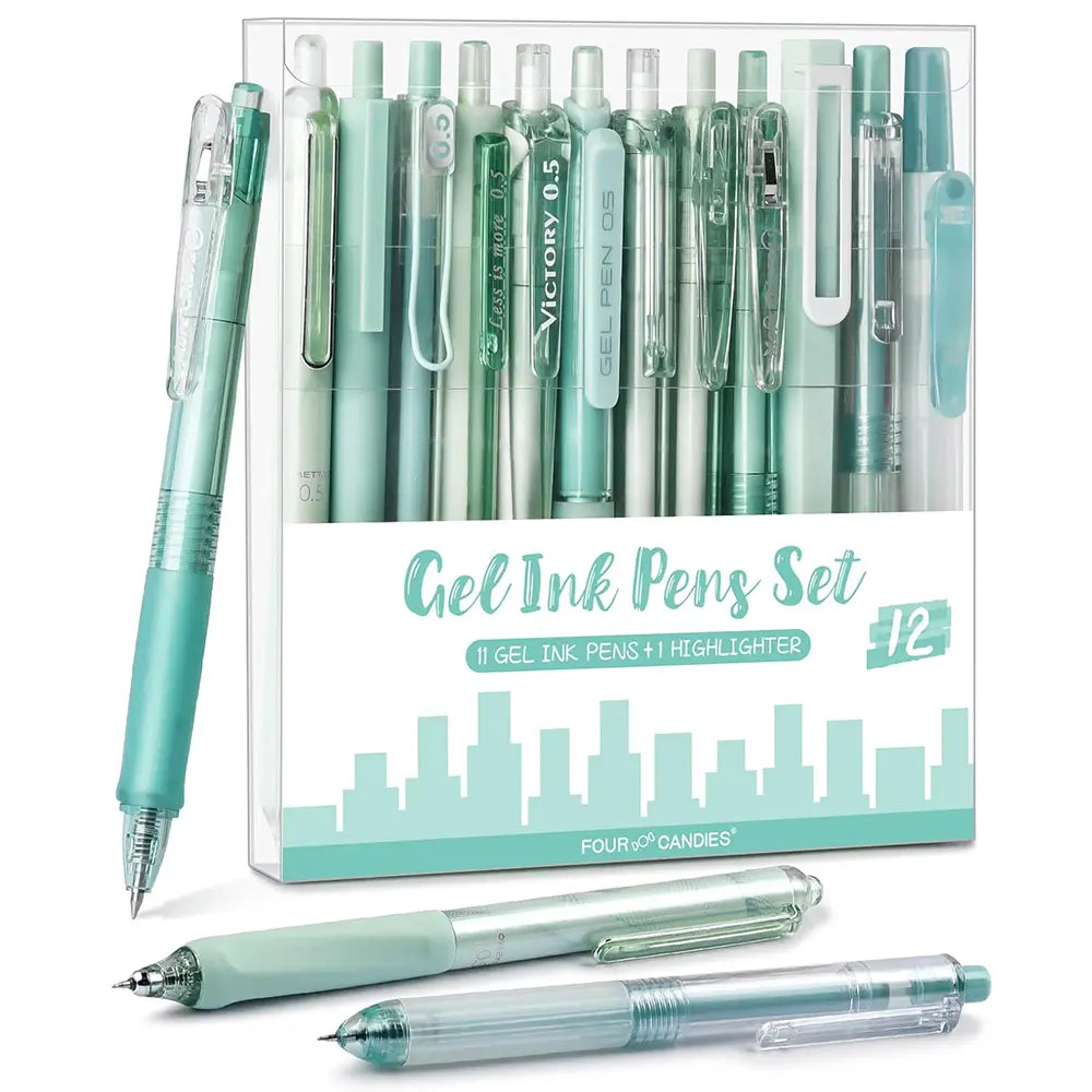 Four Candies Gel Ink Pen Set,14PCS Pen Set with Case, Cute Note Taking 0.5mm Fine Point Retractable 12PCS Black Ink Pens with 2 Highlighter for School, Note Taking,Writing, Office Supplies, girly office supplie,journaling supplies  Pastel Markers Portable