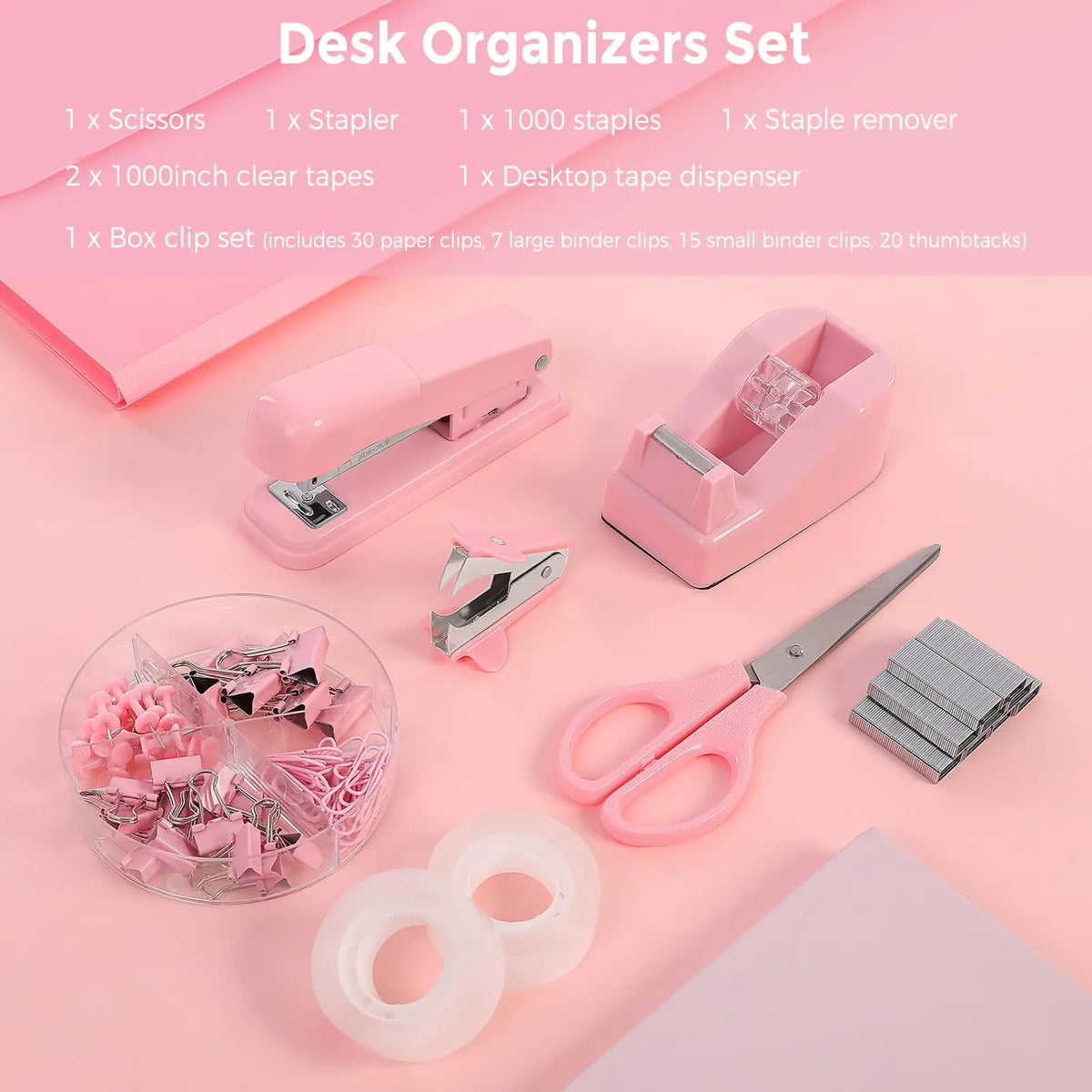 SKYDUE Pink Multifunctional Home Office Stationery Set - Office Accessories, Desk Accessories, Girly College School Supplies, Teacher Stuff, Space-Saver, Includes Stapler, Tape Dispenser, Scissors, Clips, 1000pcs Staples, Ideal for Women, Birthdays