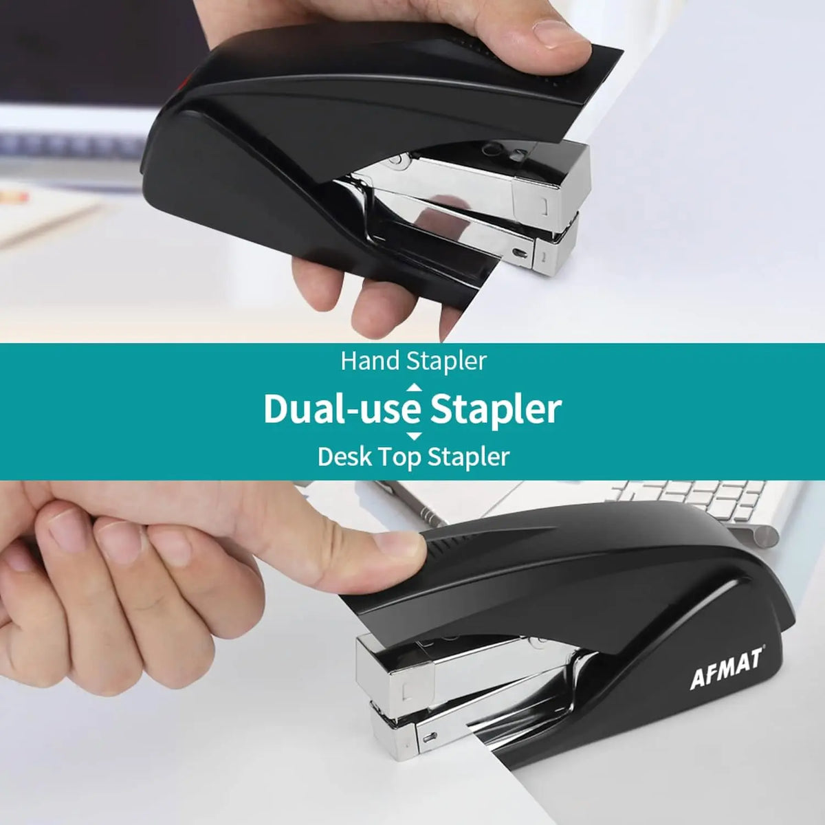 AFMAT Durable Ergonomic Plastic/Metal Stapler - 1-Finger Jam-Free Stapling, 50-Sheet Capacity, Built-In Remover, Compact Portable Travel Office Stationery, School Supplies for Desk Use