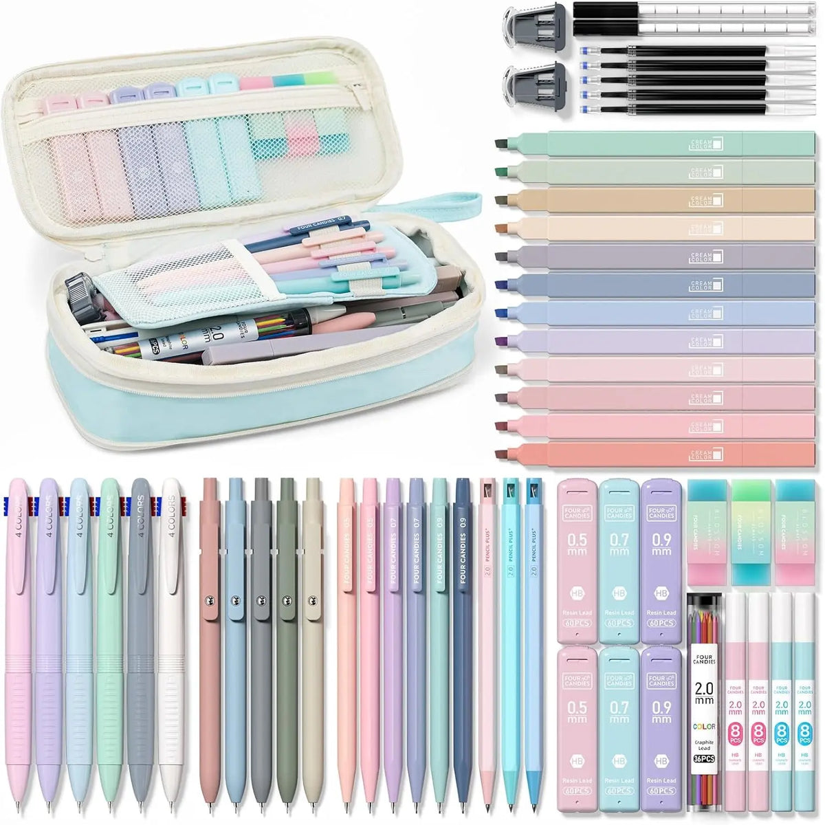 Four Candies 56 PCS Aesthetic School Supplies with Large Pencil Case, 6 Colored Ballpoint Pens, 12 Pastel Highlighters, 5 Black Ink Gel Pens, 9 Mechanical Pencils 0.5-2.0mm Student Essentials, school supplies art work,girly office supplies,Refill Packs, S