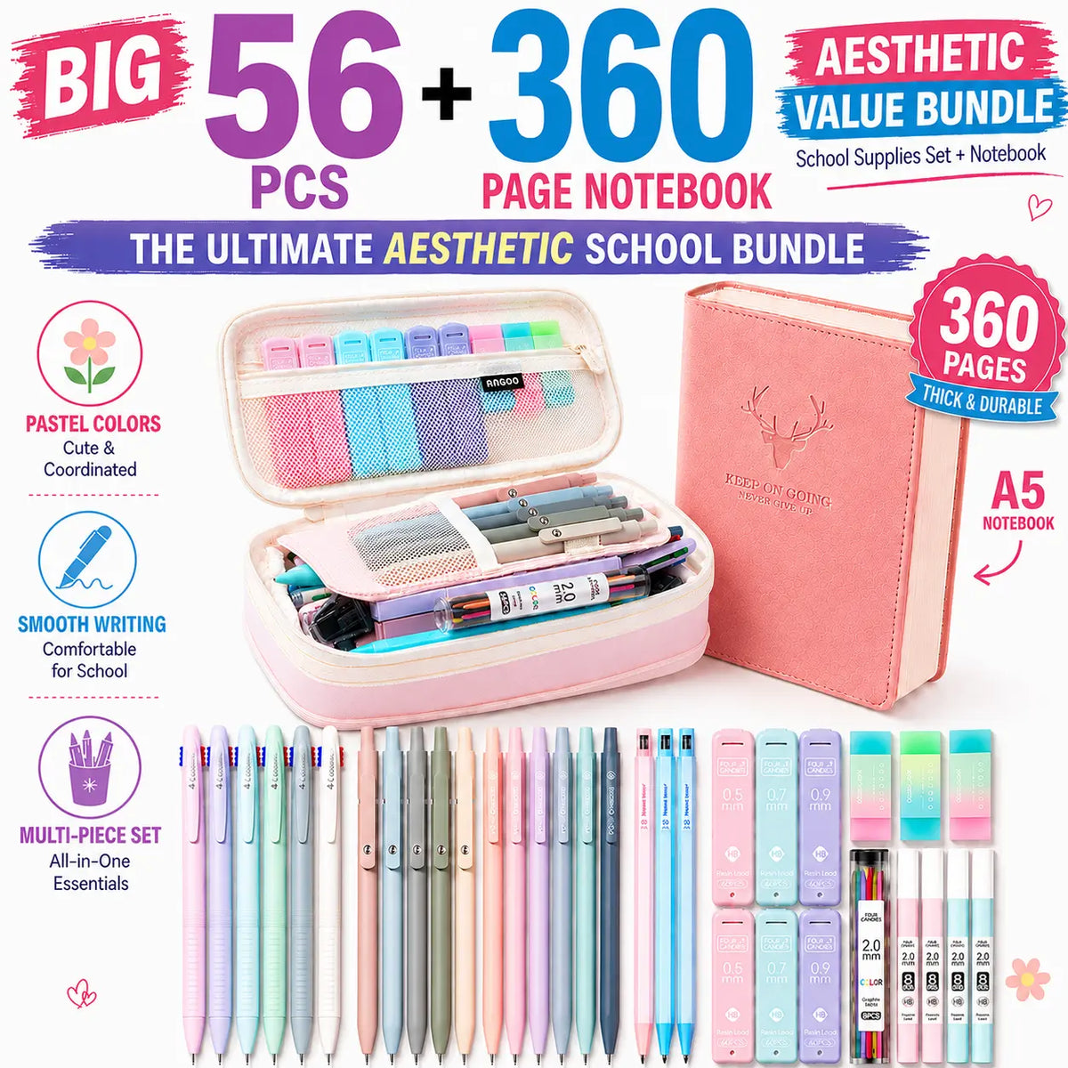 Four Candies 36PCS Learning Materials, Aesthetic School Supplies in Large Capacity Pencil Case, 12PCS Mechanical Pencils 0.5-2.0mm with 624PCS Lead Refills,Cute Aesthetic Mechanical Pencils for Writing,Drawing & Drafting, Back to School Supplies Shopping