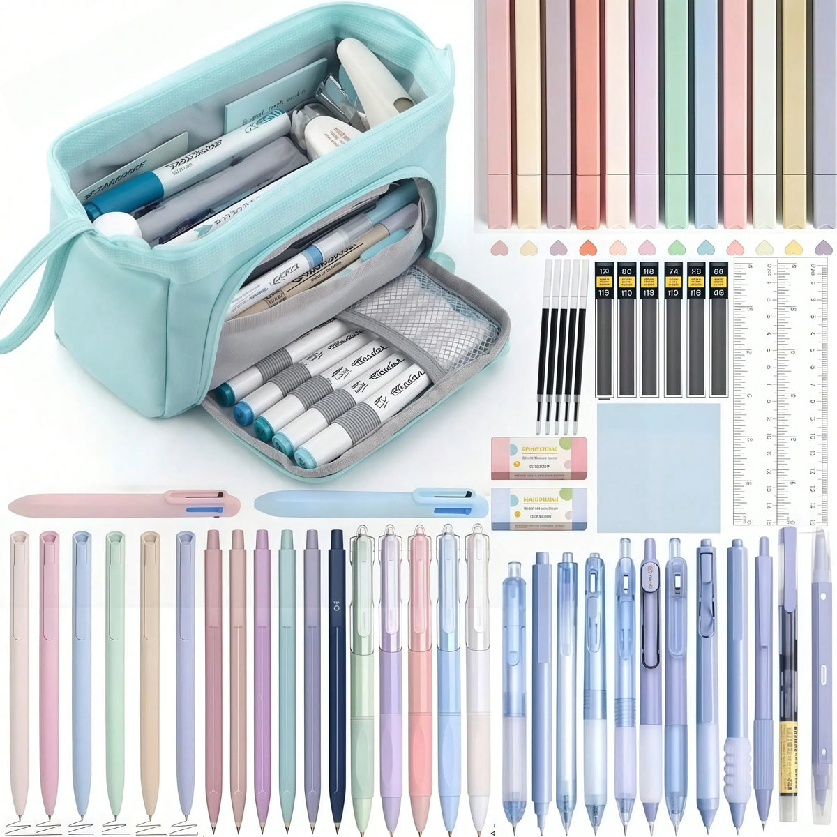 61 PCS Aesthetic School Study Supplies with Large Pencil Case, Black Ink Gel Pens for Writing, 0.5 mm Smooth Fine Point Mechanical Pencils Set, 12 Highlighters, Sticky Notes, Stationery Bag for Teens, Adults and Students