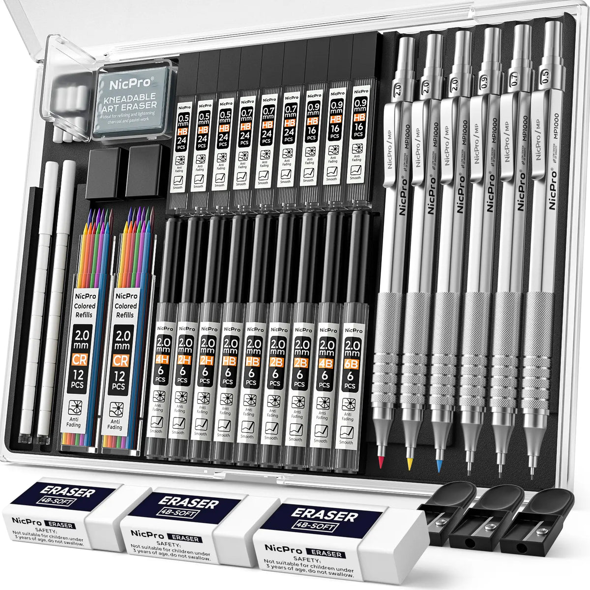Nicpro 35-Pack Black Metal Mechanical Pencil Set with Case - Black Metal for Durability, Office School Writing Tools, Precision Marking Supplies (0.5/0.7/0.9mm Art Drafting, 3-Pack 2mm Graphite Lead Holders, 20-Tube Refills: 6B,4B,2B,HB,2H,4H), School Sup