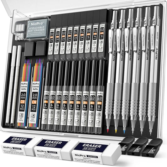 Nicpro 35-Pack Black Metal Mechanical Pencil Set with Case - Black Metal for Durability, Office School Writing Tools, Precision Marking Supplies (0.5/0.7/0.9mm Art Drafting, 3-Pack 2mm Graphite Lead Holders, 20-Tube Refills: 6B,4B,2B,HB,2H,4H), School Sup