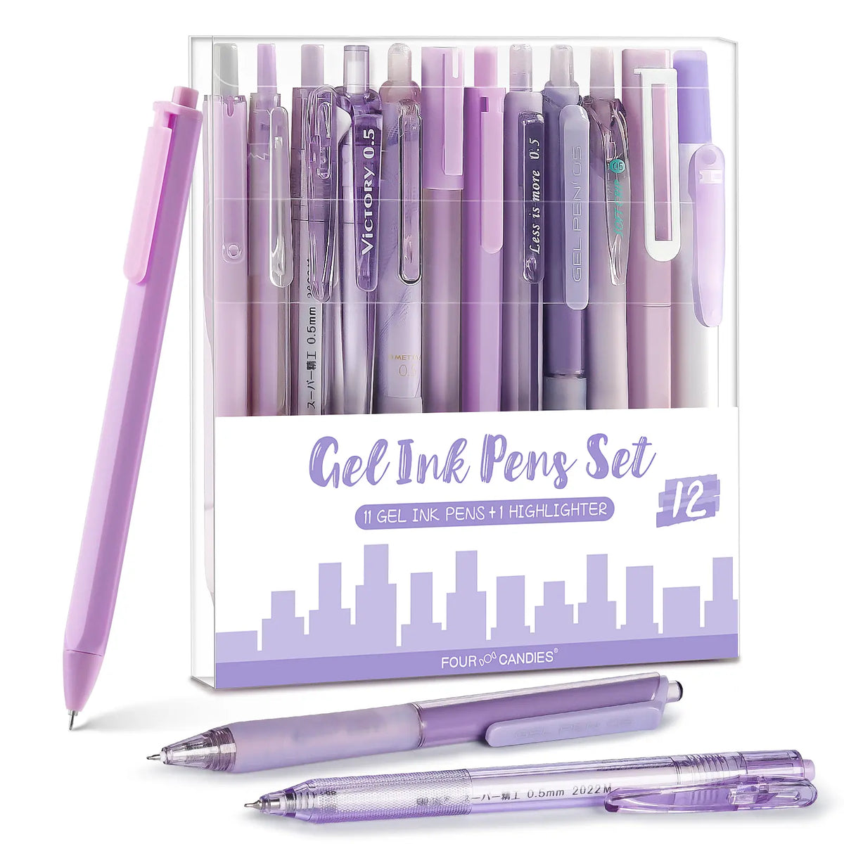 Four Candies 12PCS Pastel Gel Pen Set, Cute 0.5 mm Fine Point Writing Pens with 10 Black,1 Pink Ink,1 Highlighter, Quick Dry Aesthetic Girly Stationery Desk Accessories for Students, Notebook Writing,School & Office back to school supplies