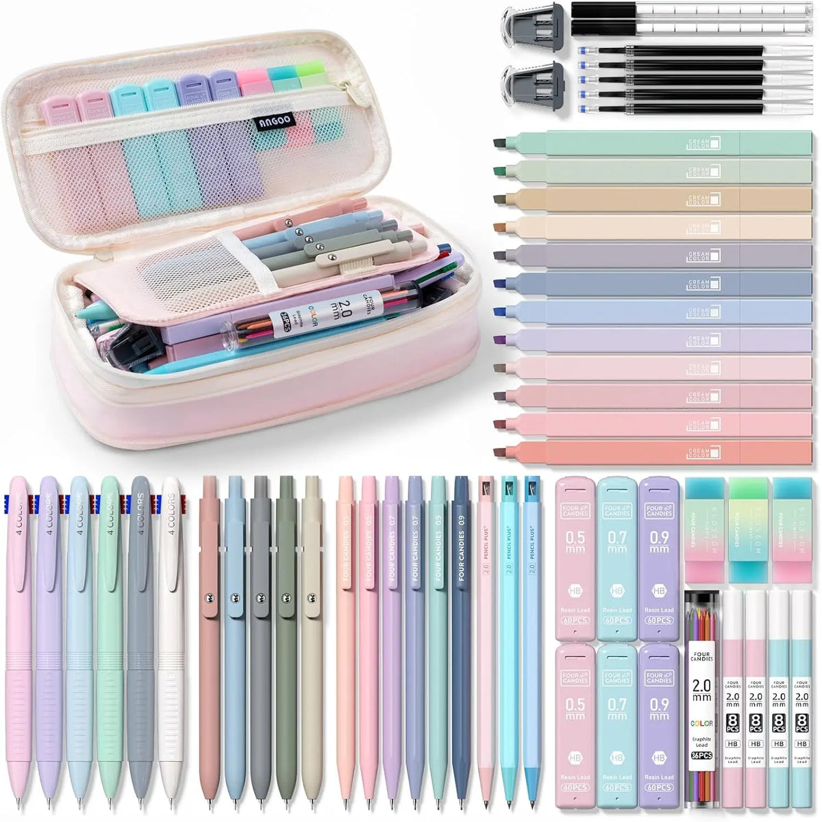 Four Candies 56 PCS Aesthetic School Supplies with Large Pencil Case, 6 Colored Ballpoint Pens, 12 Pastel Highlighters, 5 Black Ink Gel Pens, 9 Mechanical Pencils 0.5-2.0mm Student Essentials, school supplies art work,girly office supplies,Refill Packs, S