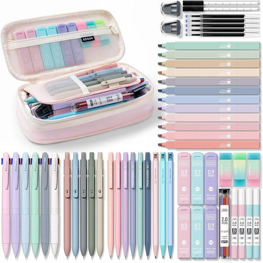 Four Candies 56 PCS Aesthetic School Supplies with Large Pencil Case, 6 Colored Ballpoint Pens, 12 Pastel Highlighters, 5 Black Ink Gel Pens, 9 Mechanical Pencils 0.5-2.0mm Student Essentials, school supplies art work,girly office supplies,Refill Packs, S