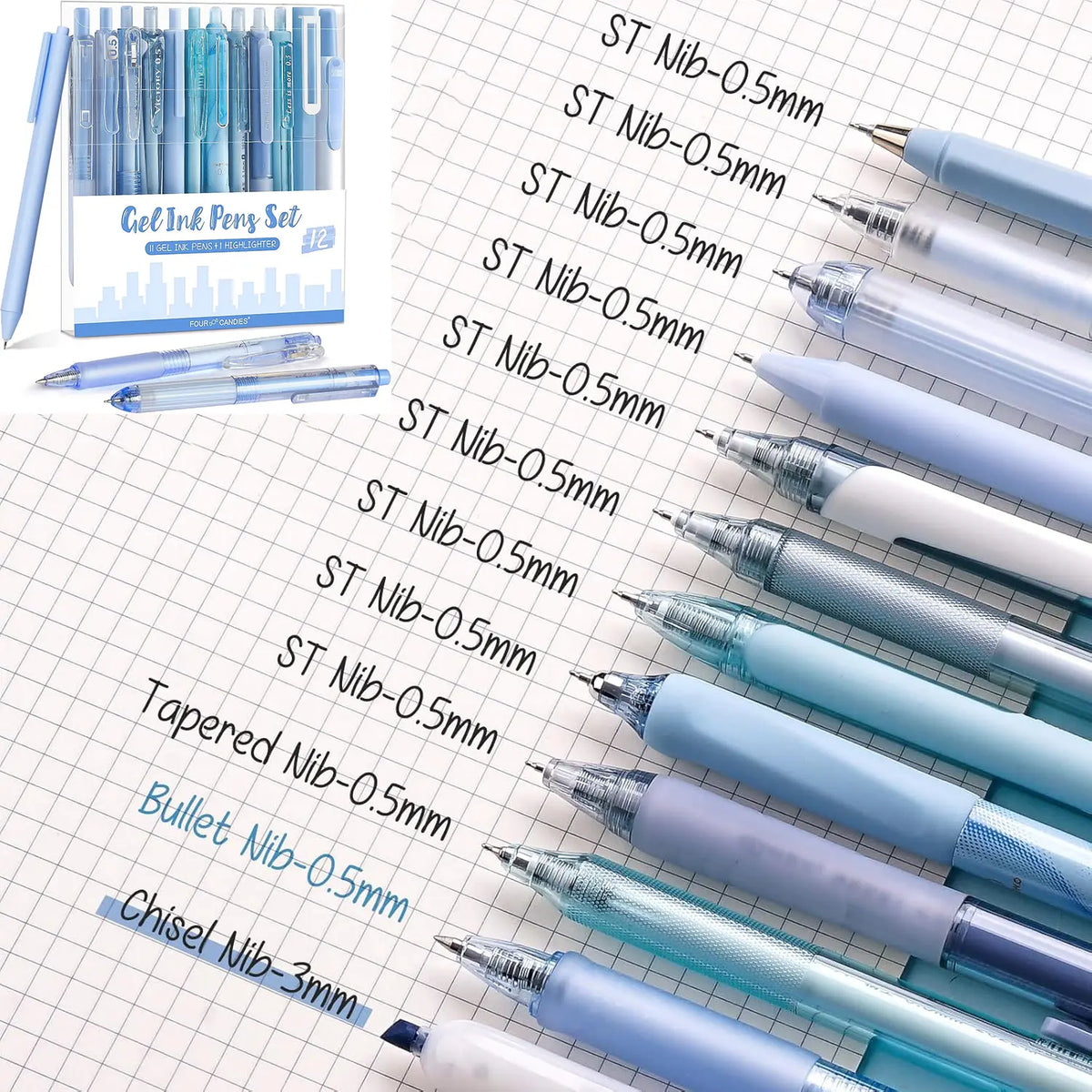 Four Candies 12Pack Retractable Gel Pens,0.5mm Fine Point Pastel Gel Pen Set,Note Taking Aesthetic Pens, 10 Black,1 Pink Ink with 1 Highlighter,Smooth Writing magical Pens gift(Pink/Blue/Brown/Green/Purple)back to school Supplies