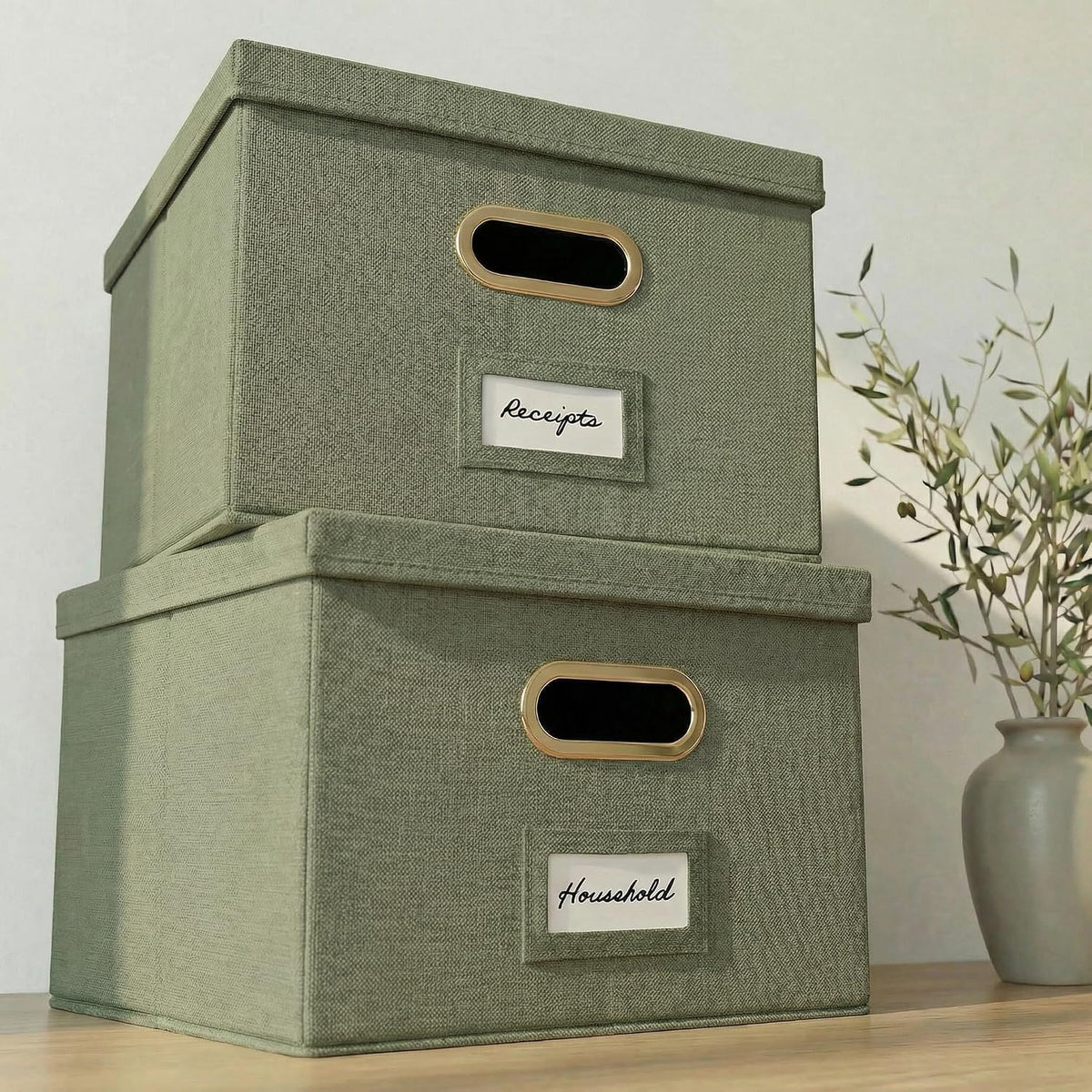 Decorative File Organizer Box Set of 2 - Collapsible Linen Filing Cabinets