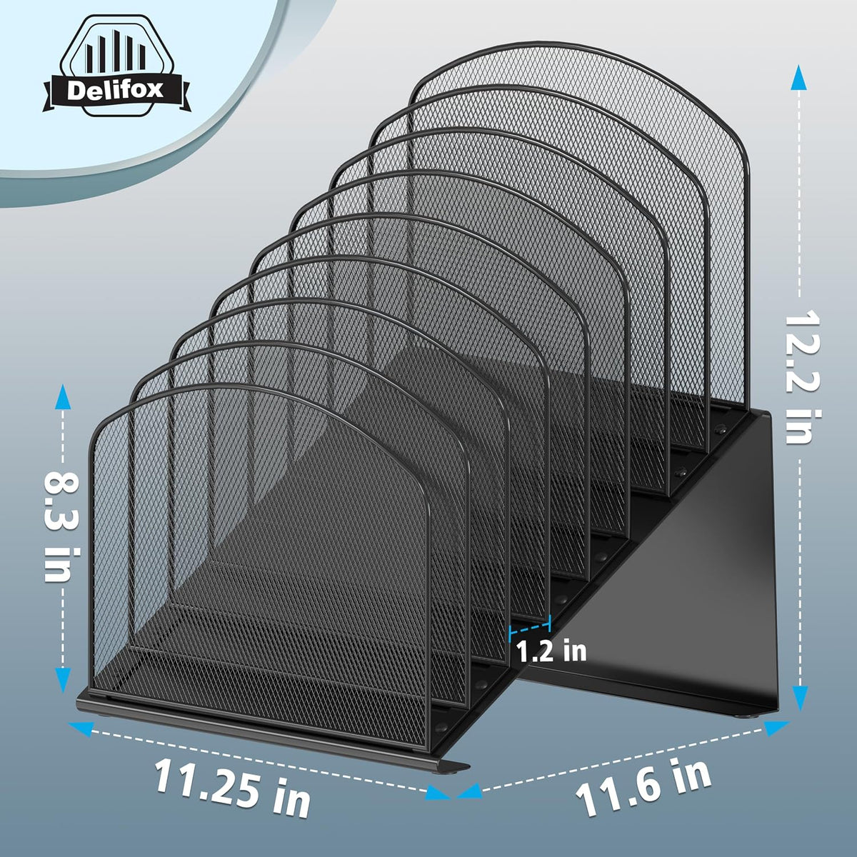 Delifox Inclined Desk File Organizer, 8-Section, Black