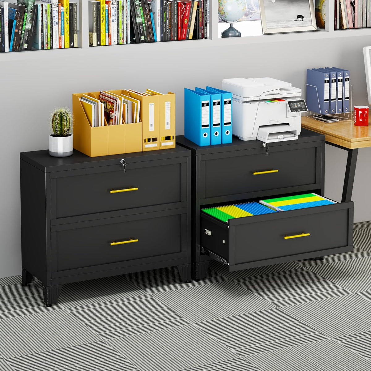 2 Drawer Metal File Cabinet with Lock,Lateral Filing Storage Cabinets,Steel Wide File Organization for Legal/Letter/A4/F4 Size with Hanging Files&Key,Lockable Printer Stand for Home Office, Black