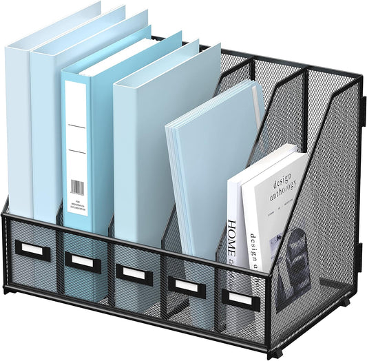 SUPEASY Desk Organizers Metal Desk Magazine File Holder with 5 Vertical Compartments Rack File Organizer for Office Desktop, Classroom, Home Workspace, Black