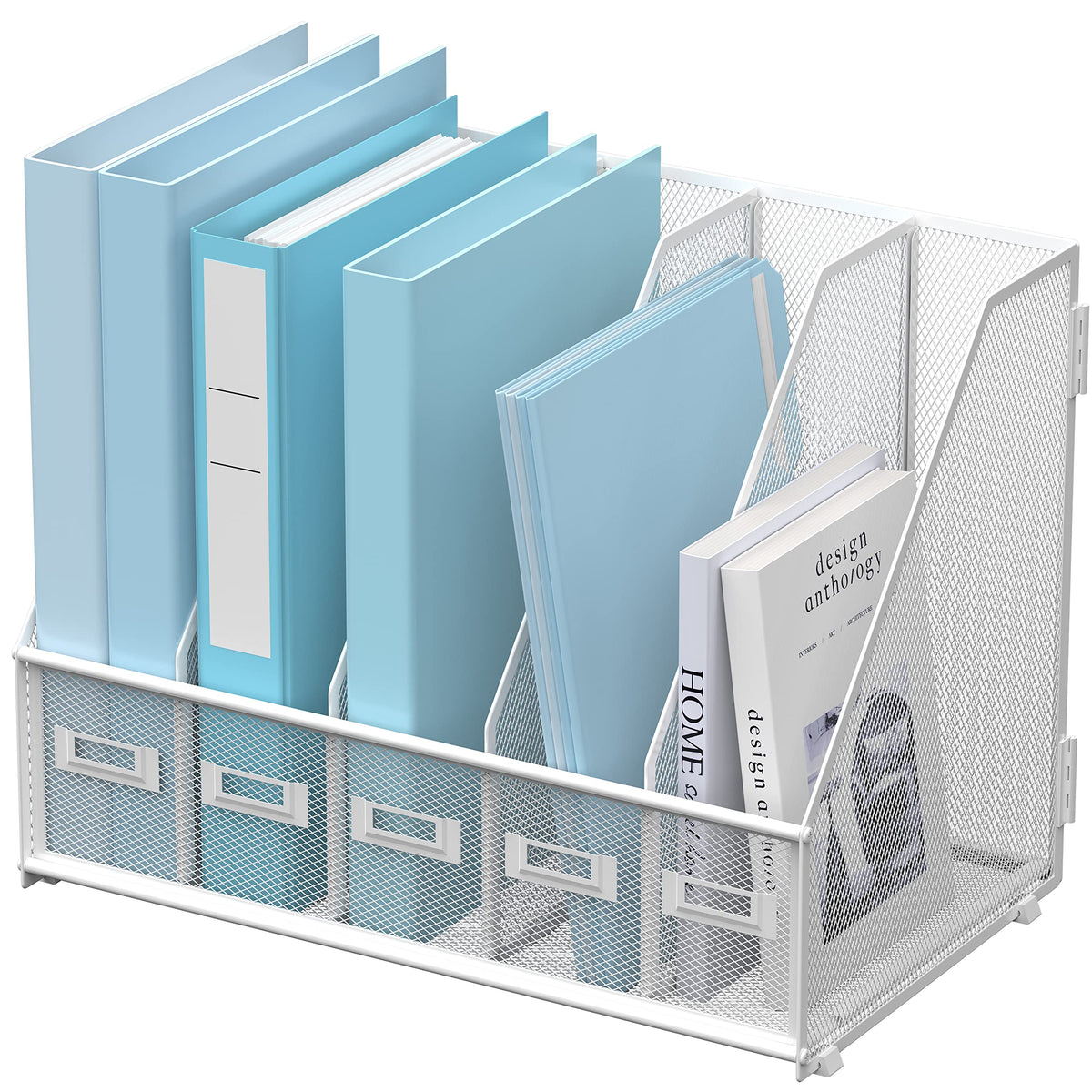 SUPEASY Desk Organizers Metal Desk Magazine File Holder with 5 Vertical Compartments Rack File Organizer for Office Desktop, Classroom, Home Workspace, Black
