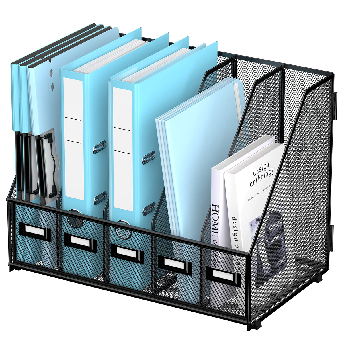 SUPEASY Desk Organizers Metal Desk Magazine File Holder with 5 Vertical Compartments Rack File Organizer for Office Desktop, Classroom, Home Workspace, Black