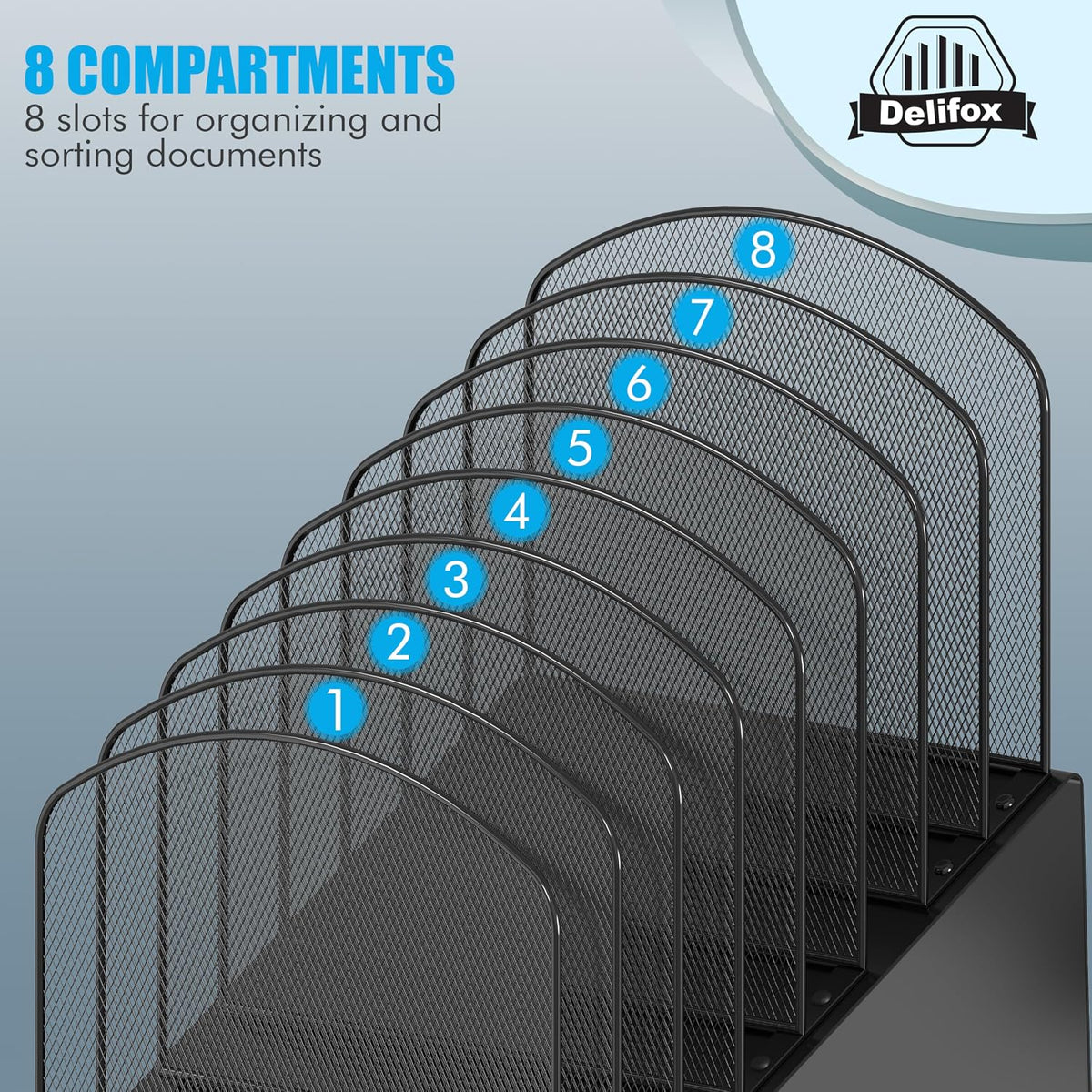 Delifox Inclined Desk File Organizer, 8-Section, Black
