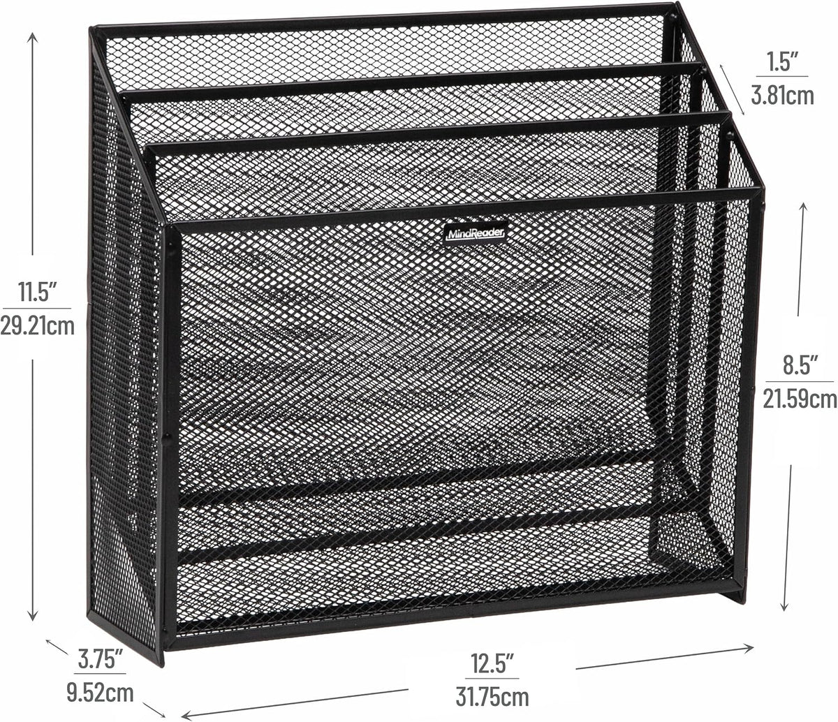 Mind Reader Vertical File Storage, Desktop Organizer, Workspace, Office, Metal Mesh, 12.5"L x 3.75"W x 11.5"H, Black