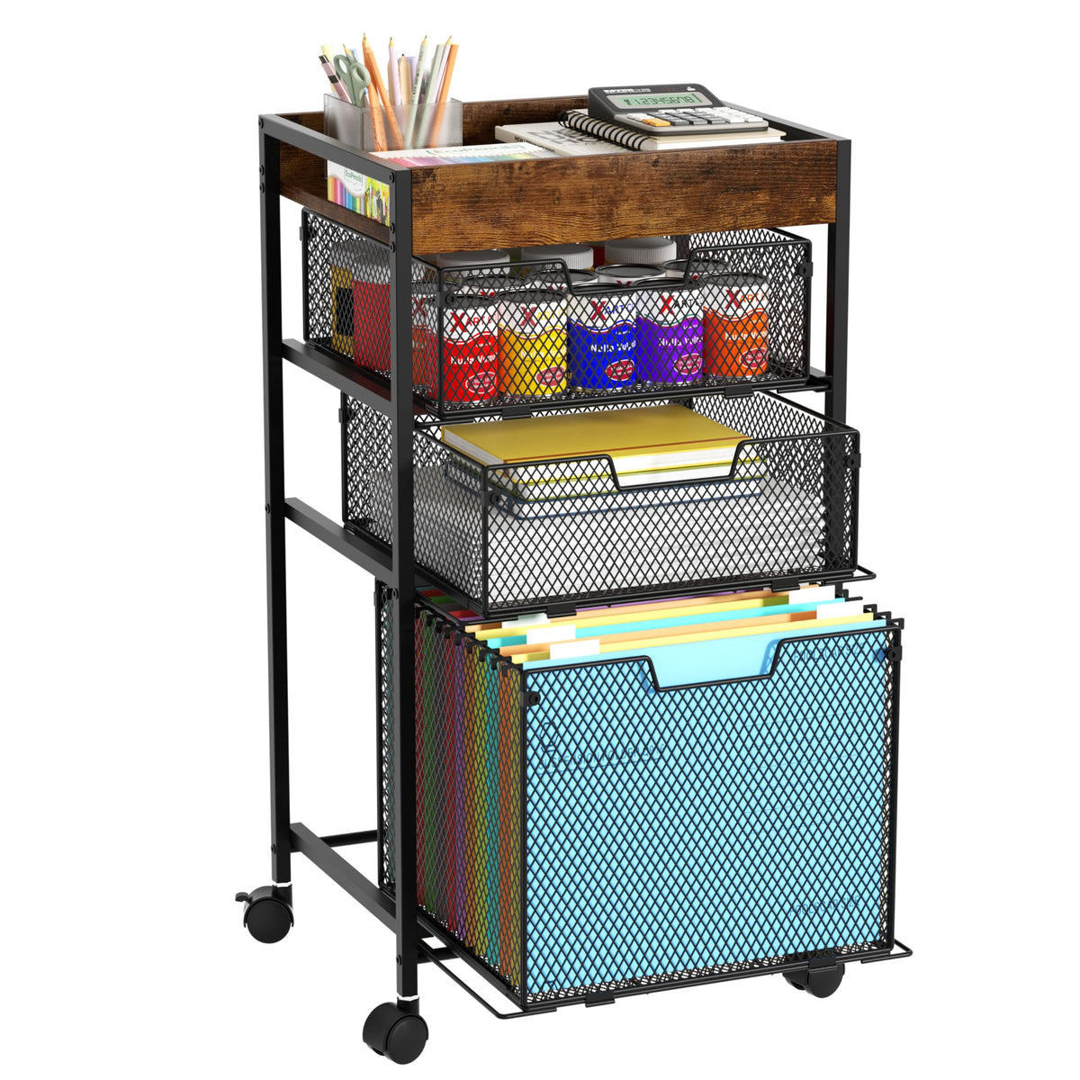 SWTYMIKI Rolling File Cart with Drawers - 5 Tier Art Craft Rolling Organizer Cart - Office Storage &Organization, Mobile Metal File Cabinet for Office and Home Espresso