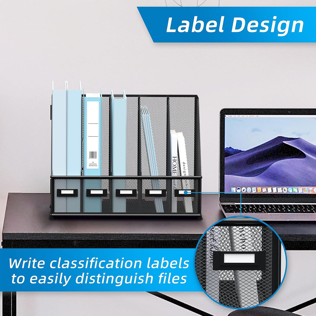 SUPEASY Desk Organizers Metal Desk Magazine File Holder with 5 Vertical Compartments Rack File Organizer for Office Desktop, Classroom, Home Workspace, Black