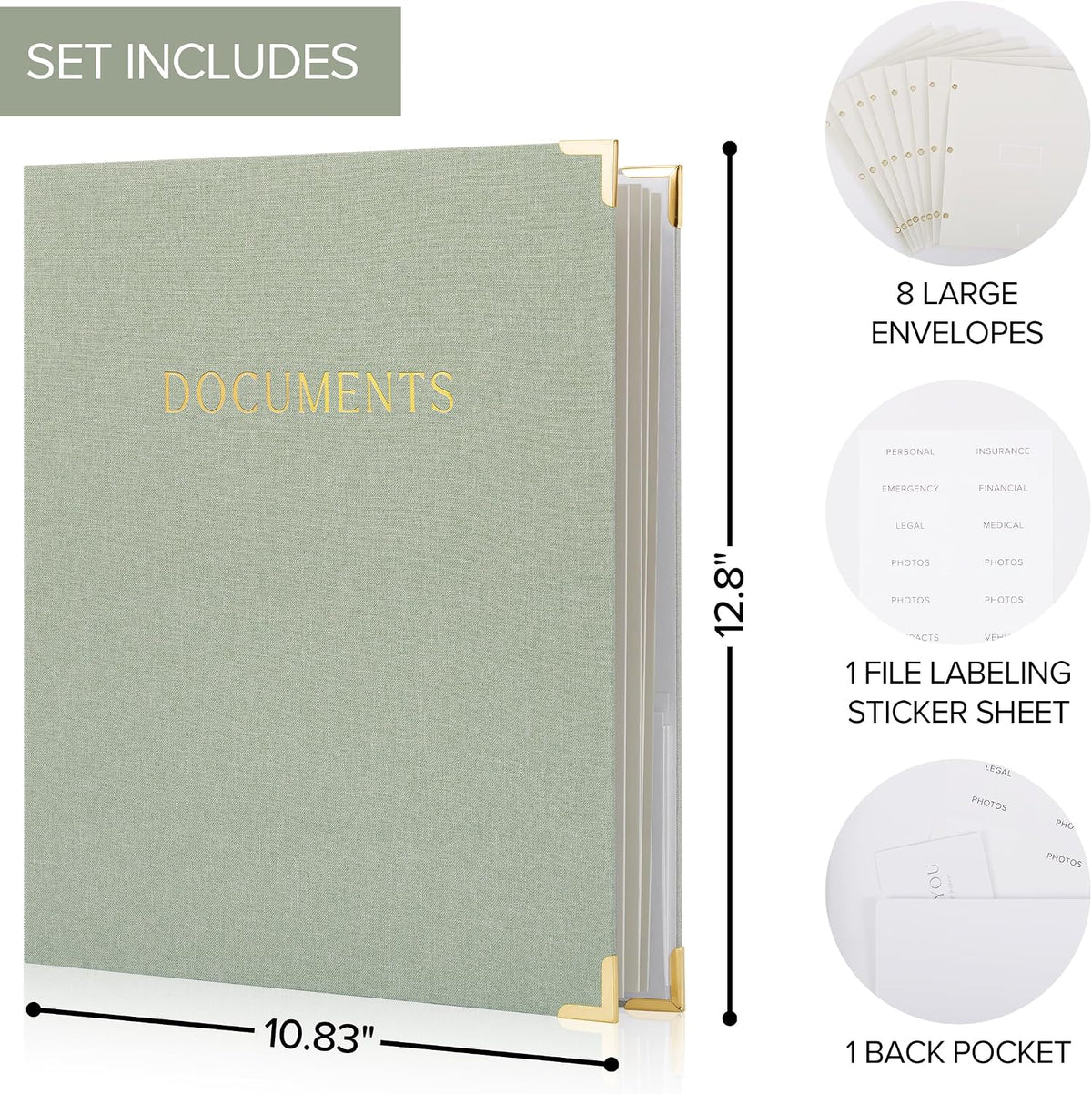 Important Document Organizer Set with Folders - Complete Linen Ring Binder