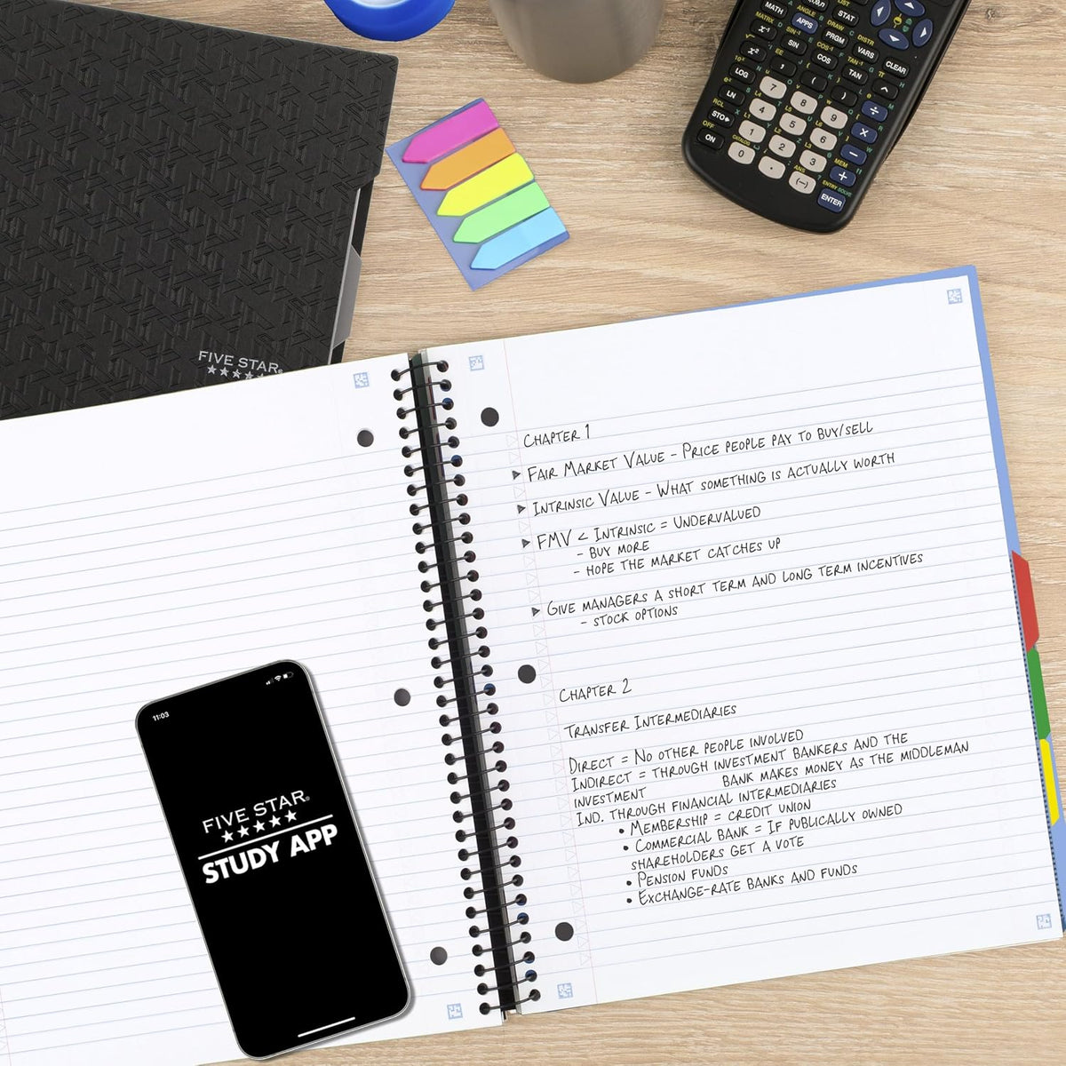 Five Star Advance Spiral Notebook + Study App, 5 Subject, College Ruled Paper, 8-1/2" x 11", 200 Sheets, Spiral Guard, Movable Tabbed Dividers, Pacific Blue (73150)