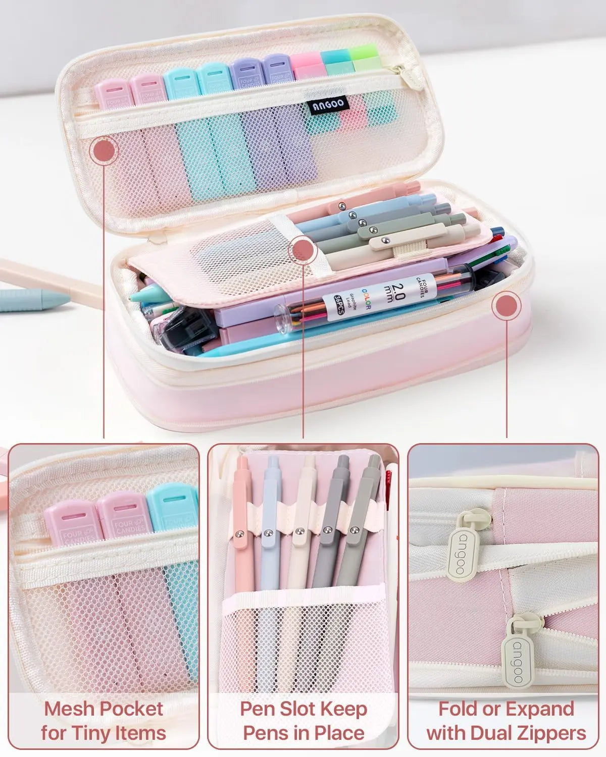 Four Candies 56 PCS Aesthetic School Supplies with Large Pencil Case, 6 Colored Ballpoint Pens, 12 Pastel Highlighters, 5 Black Ink Gel Pens, 9 Mechanical Pencils 0.5-2.0mm Student Essentials, school supplies art work,girly office supplies,Refill Packs, S