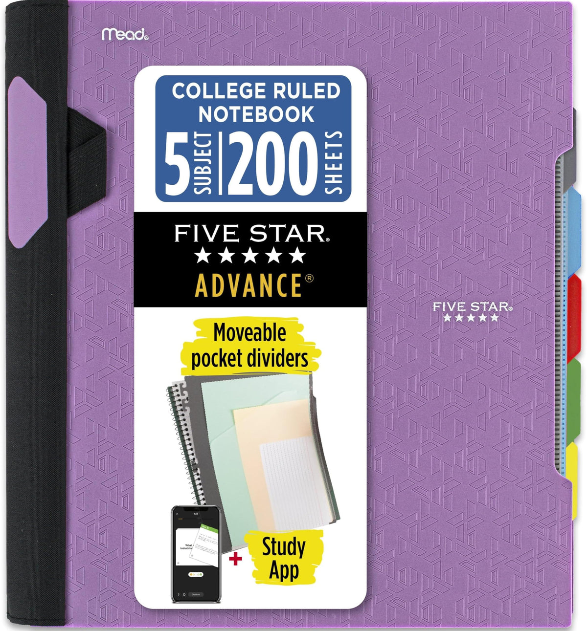Five Star Advance Spiral Notebook + Study App, 5 Subject, College Ruled Paper, 8-1/2" x 11", 200 Sheets, Spiral Guard, Movable Tabbed Dividers, Pacific Blue (73150)