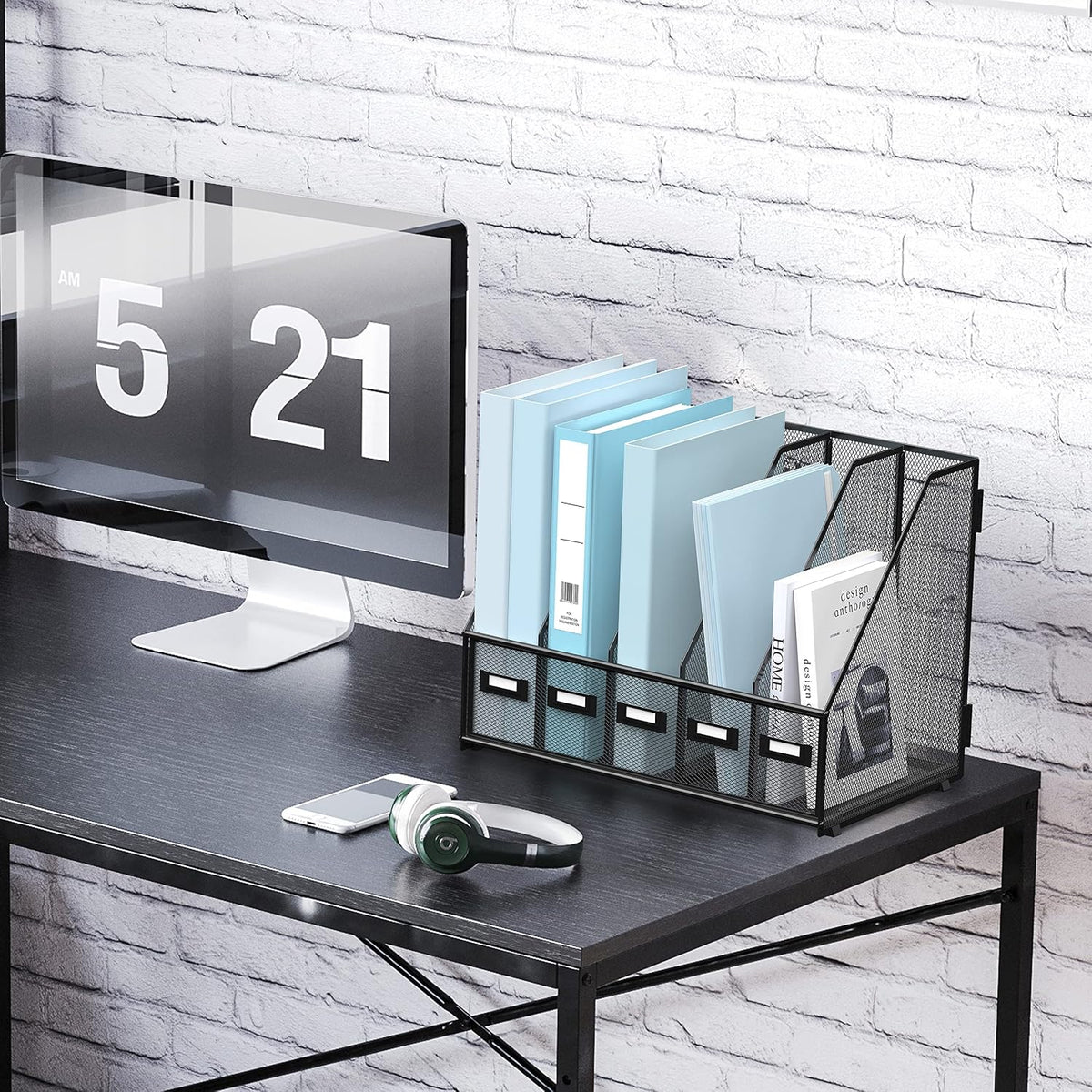 SUPEASY Desk Organizers Metal Desk Magazine File Holder with 5 Vertical Compartments Rack File Organizer for Office Desktop, Classroom, Home Workspace, Black