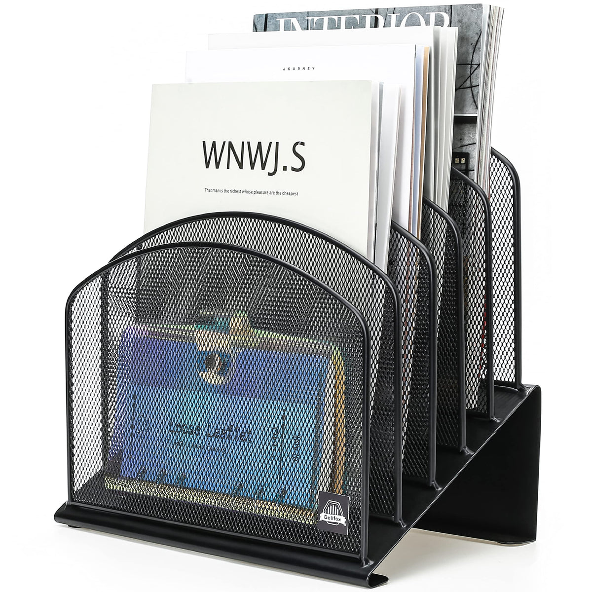 Delifox Inclined Desk File Organizer, 5-Section Vertical File Holder,Black