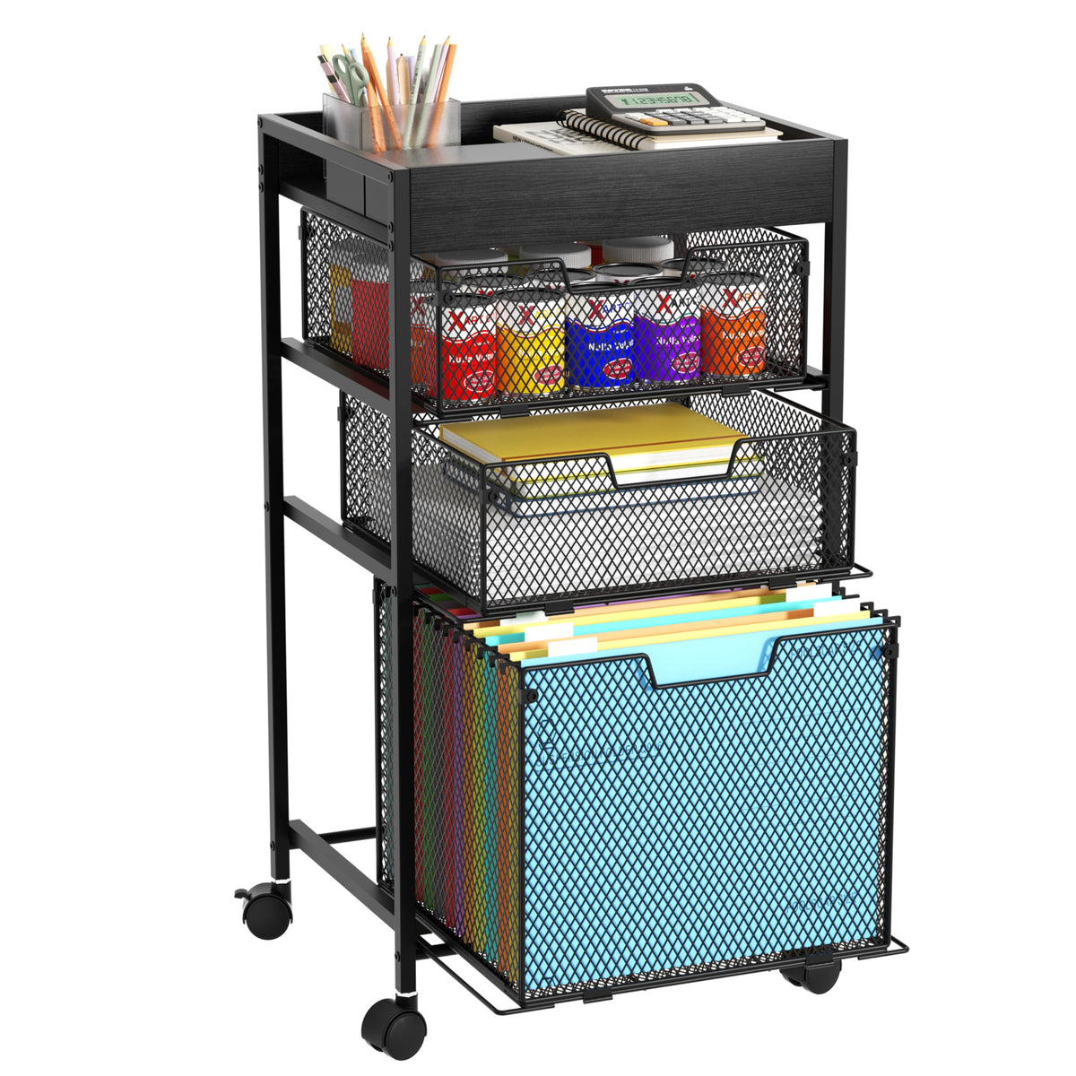 SWTYMIKI Rolling File Cart with Drawers - 5 Tier Art Craft Rolling Organizer Cart - Office Storage &Organization, Mobile Metal File Cabinet for Office and Home Espresso