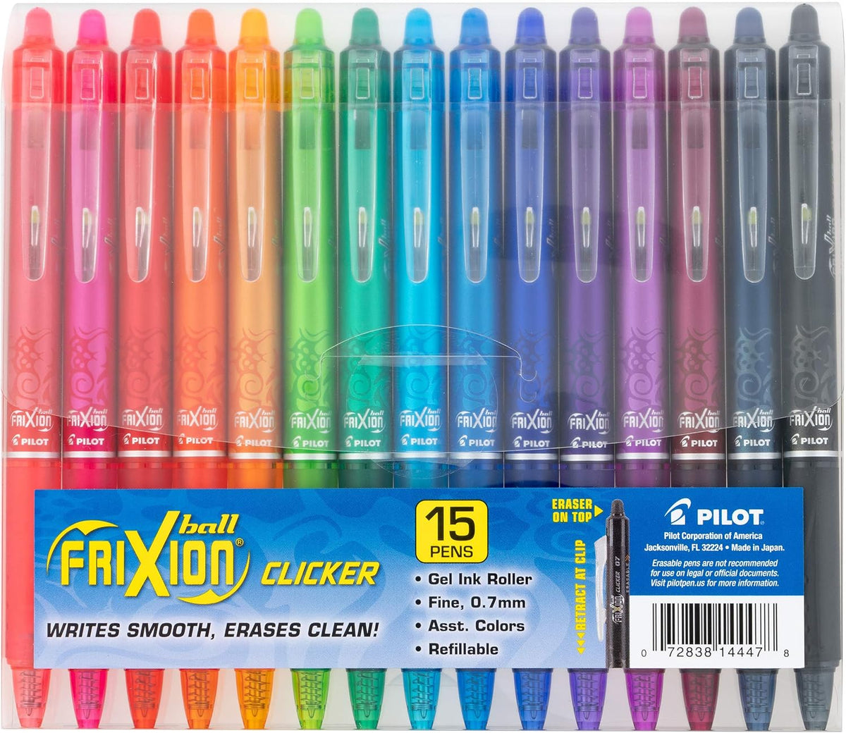 PILOT FriXion Clicker Gel Ink Pens 0.7mm, Assorted Colors, 15-Pack