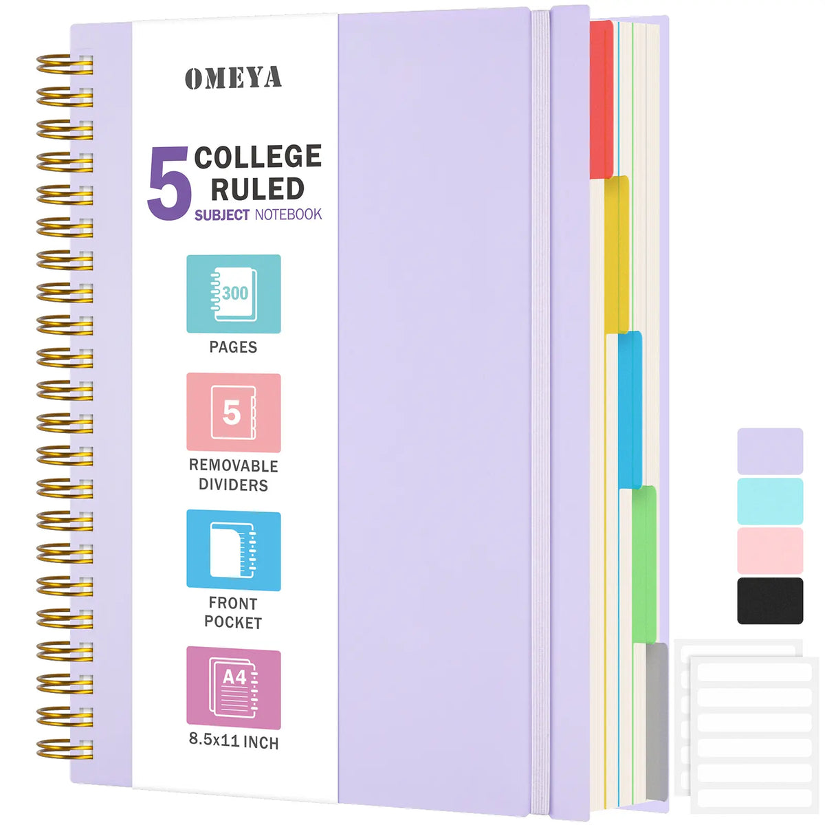 OMEYA 5 Subject Spiral Notebook, College Ruled Stationery Journaling Notebook, A4/A5 Size, 300 Pages 100GSM Thick Paper with Removable Dividers & Clear Inner Pocket for School Office,back to school,back to school haul