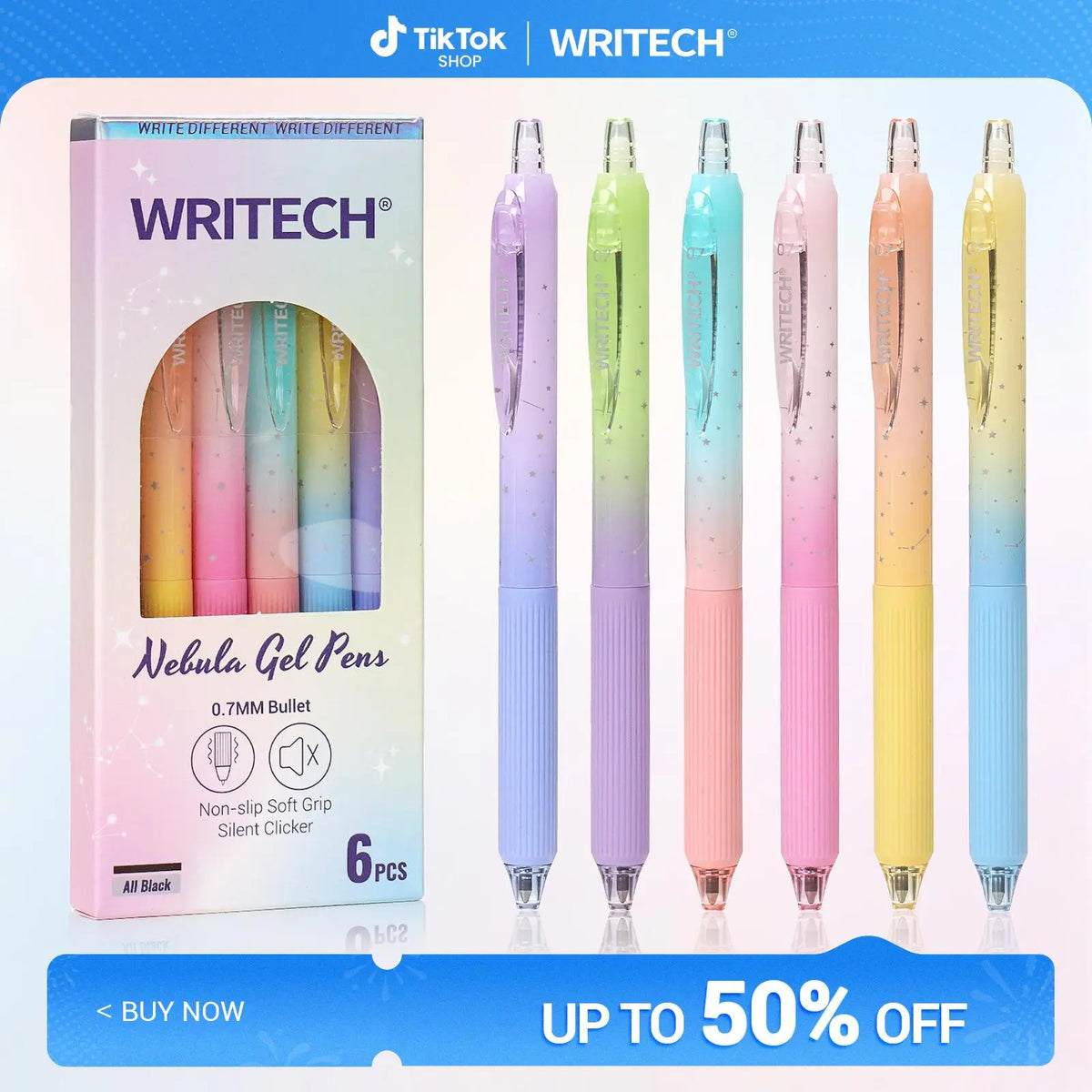 WRITECH Gel Pens Fine Point 0.7mm Black Ink Retractable 6ct with Gradient Color Barrel, Soft Vertical Stripe Silicone Grip & Detachable Design for Note Taking Silent Click No Smear Nebula Pen Set